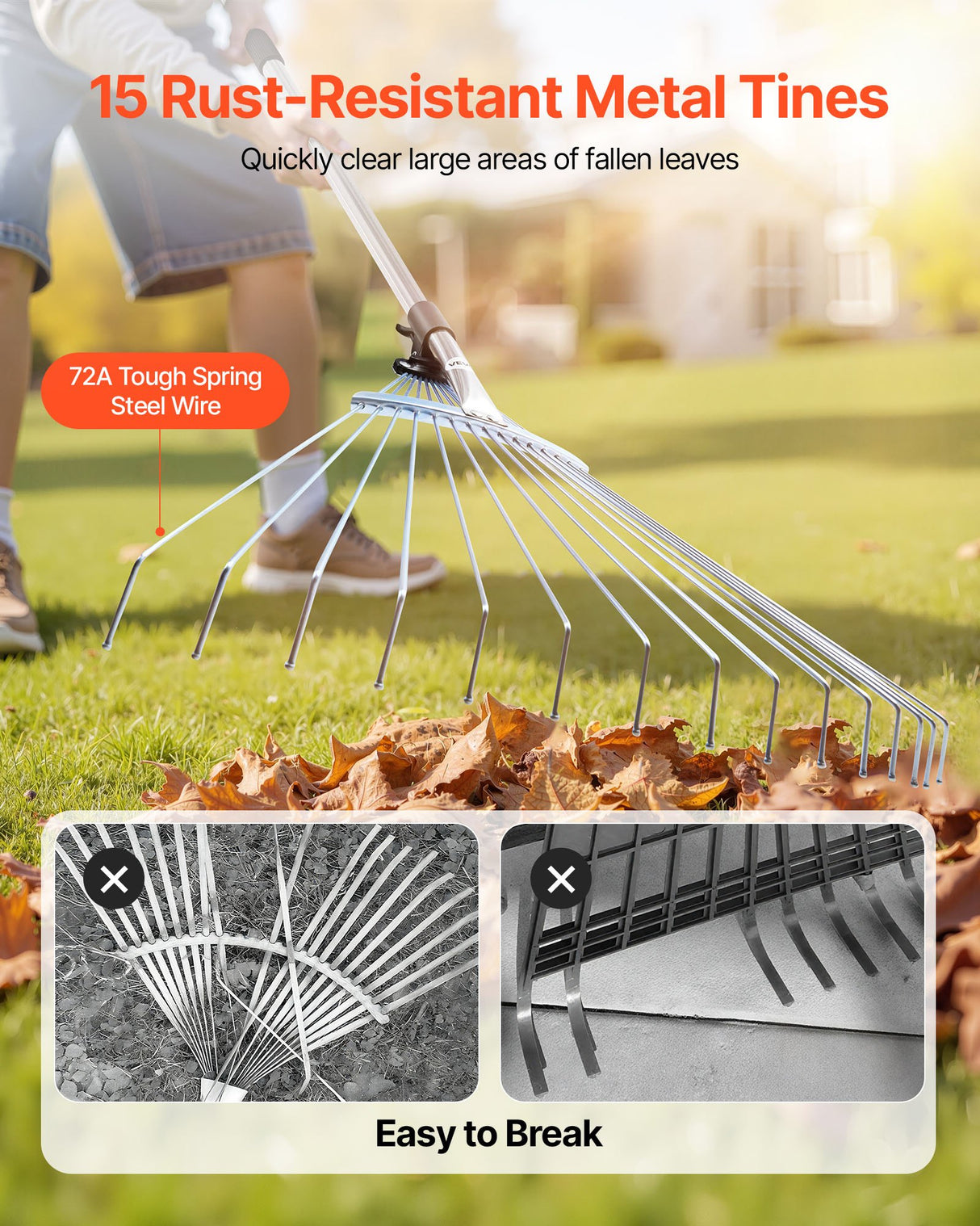 VEVOR Leaf Rake, 15 Metal Tines, Adjustable Garden Rake for Lawns with 19-57 cm Wide Head and 81.3-160 cm Long Handle, Heavy Duty Stainless Steel Small Leaves Tool for Gardening Camping Yard Grass