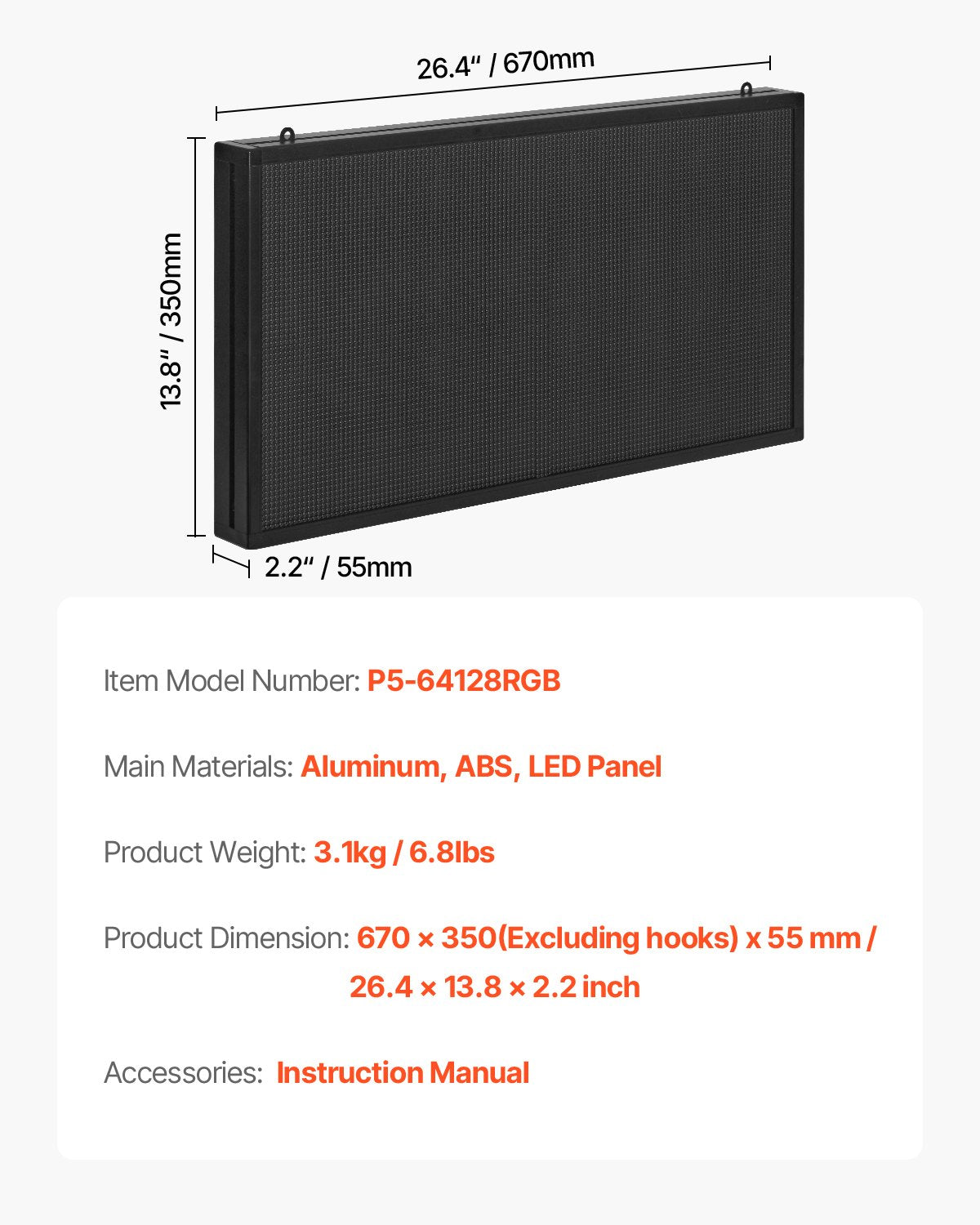 VEVOR 27x14in Programmable LED Sign Digital Scrolling Display Board P5 Fullcolor