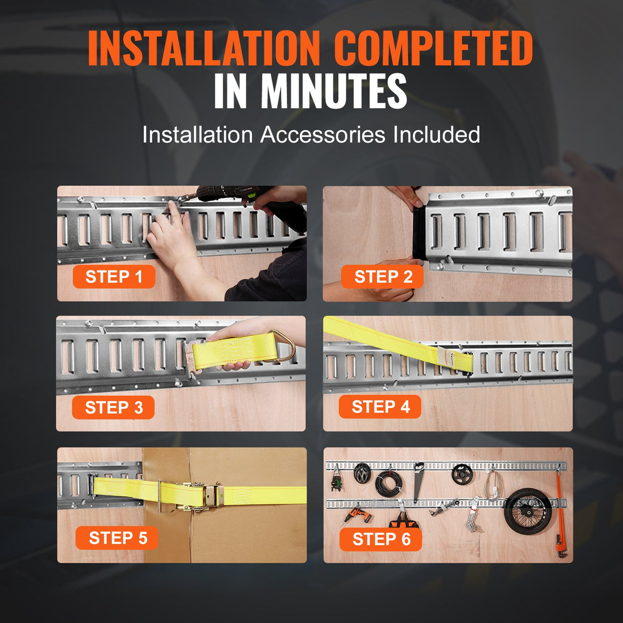 VEVOR E Track Tie-Down Rail Kit, 24PCS 1524 mm E-Tracks Set Includes 8 Steel Rails & 8 O-Rings & 8 Tie-Offs with D-Ring, Versatile Trailer Securing