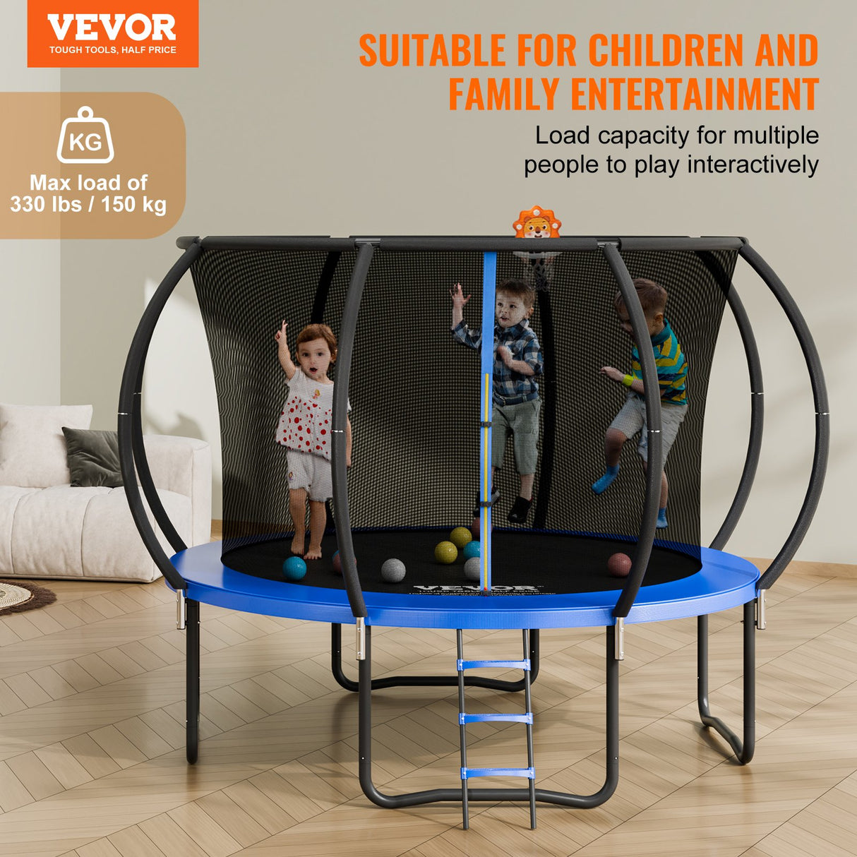 VEVOR 10FT Trampoline, 330 lbs Trampoline with Enclosure Net, Ladder, and Curved Pole, Heavy Duty Trampoline with Jumping Mat and Spring Cover Padding