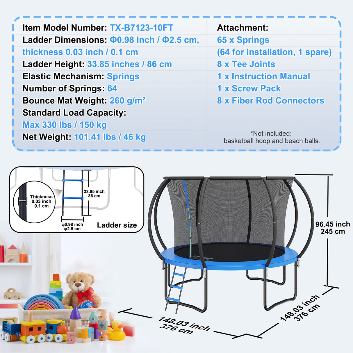10FT Trampoline, 330 lbs Trampoline with Enclosure Net, Ladder, and Curved Pole, Heavy Duty Trampoline with Jumping Mat and Spring Cover Padding, Outdoor Recreational Trampolines for Kids Adults