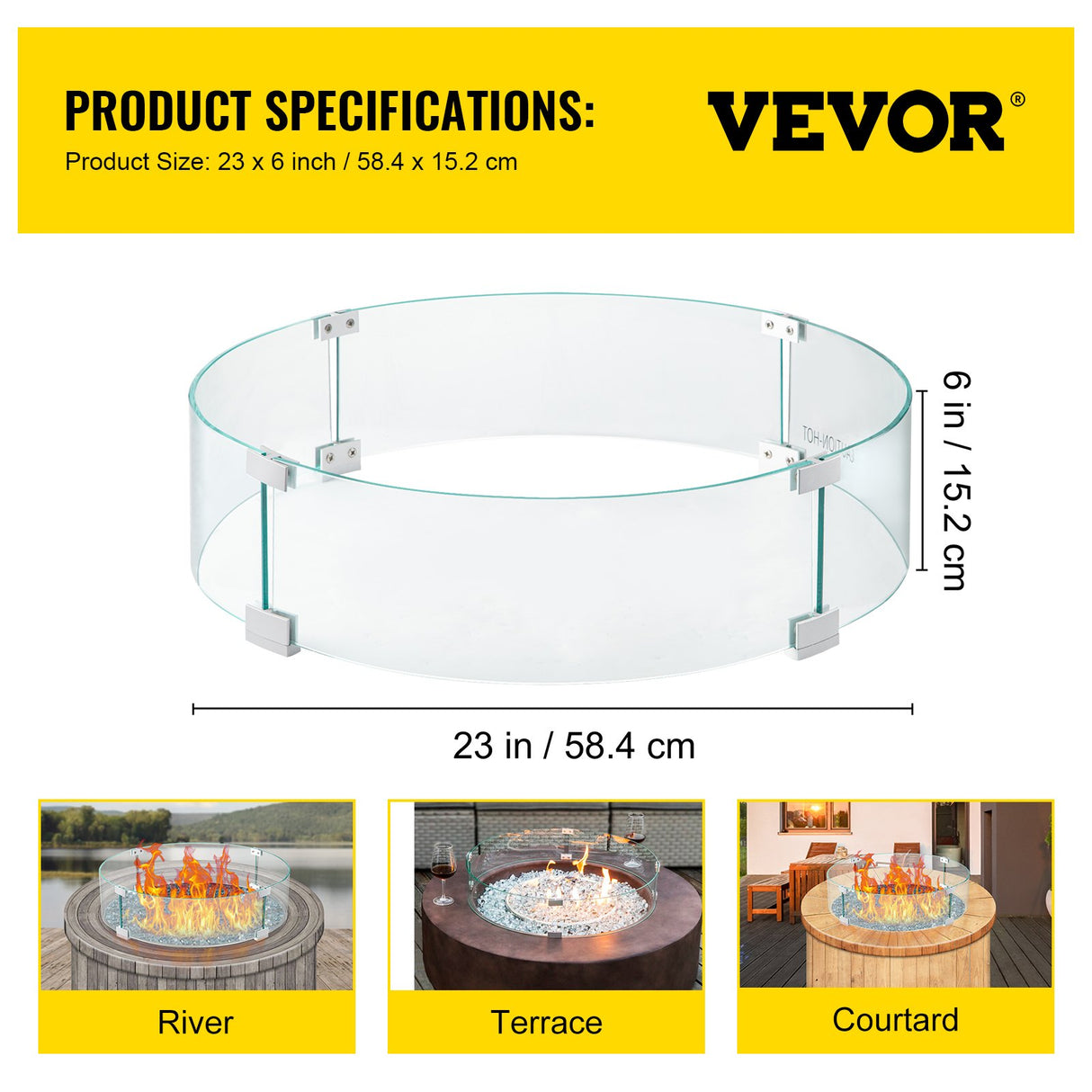 VEVOR Fire Pit Wind Guard, Glass Flame Guard, Round Glass Shield, 1/4-Inch Thick Fire Table, Clear Tempered Glass Flame Guard, Aluminum Alloy Feet for