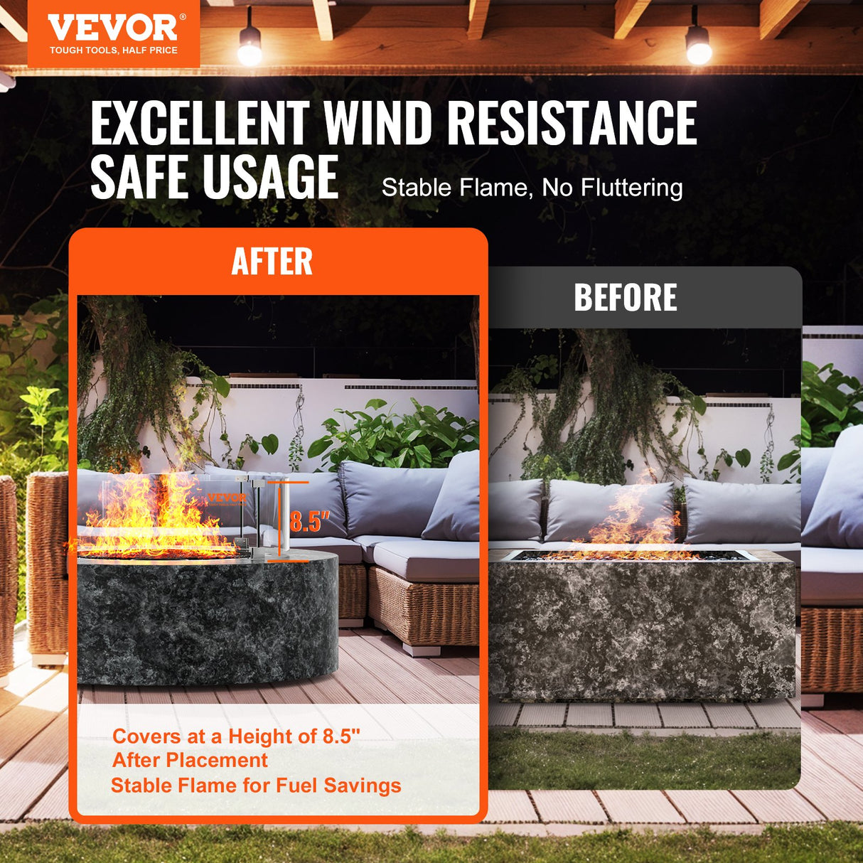 VEVOR Fire Pit Wind Guard, 23 x 23 x 8 Inch Glass Flame Guard, Round Glass Shield, 1/4-Inch Thick Fire Table, Clear Tempered Glass Flame Guard,
