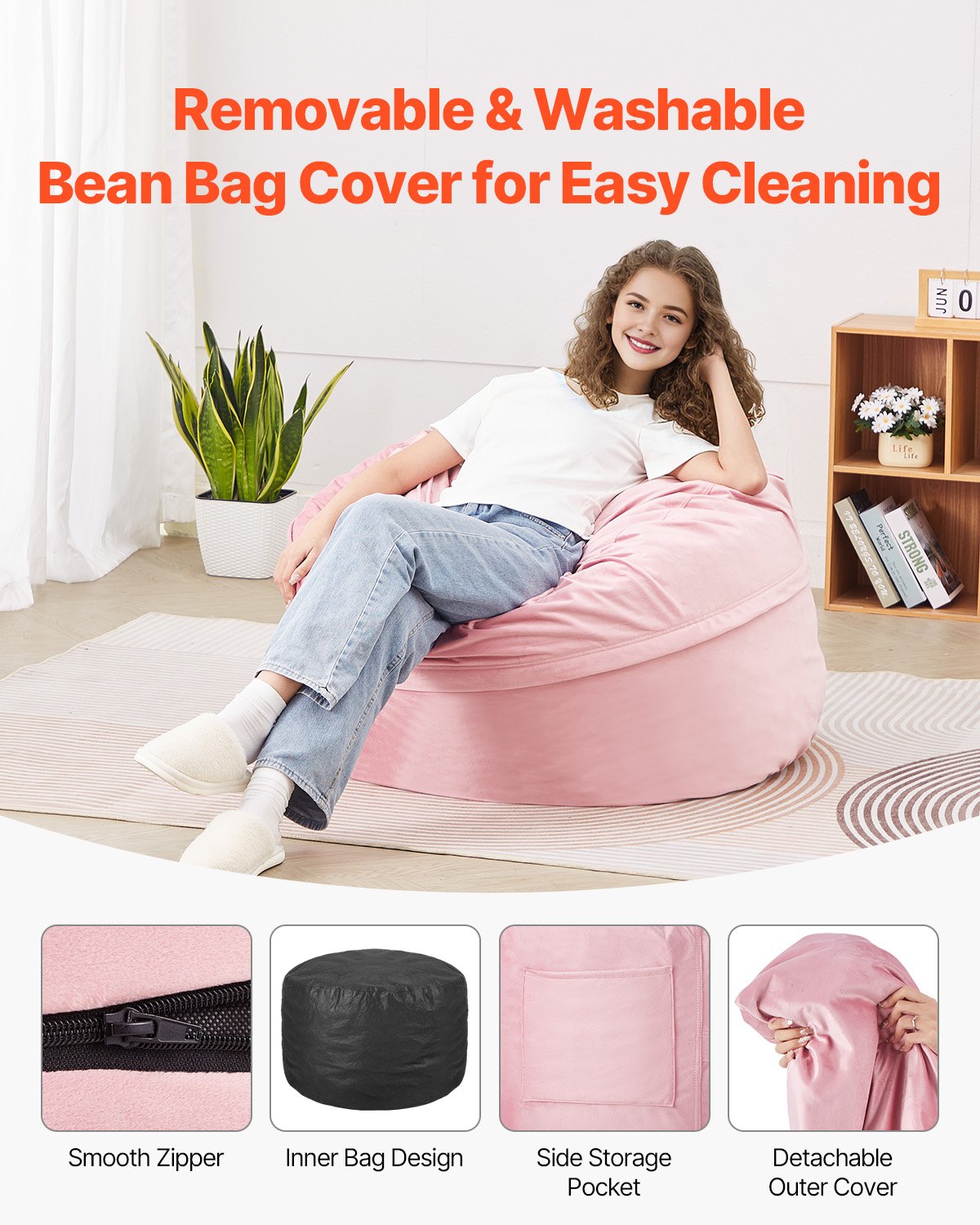 VEVOR 91 cm Round Bean Bag Chair with Removable Cover & Dutch Velvet Pink