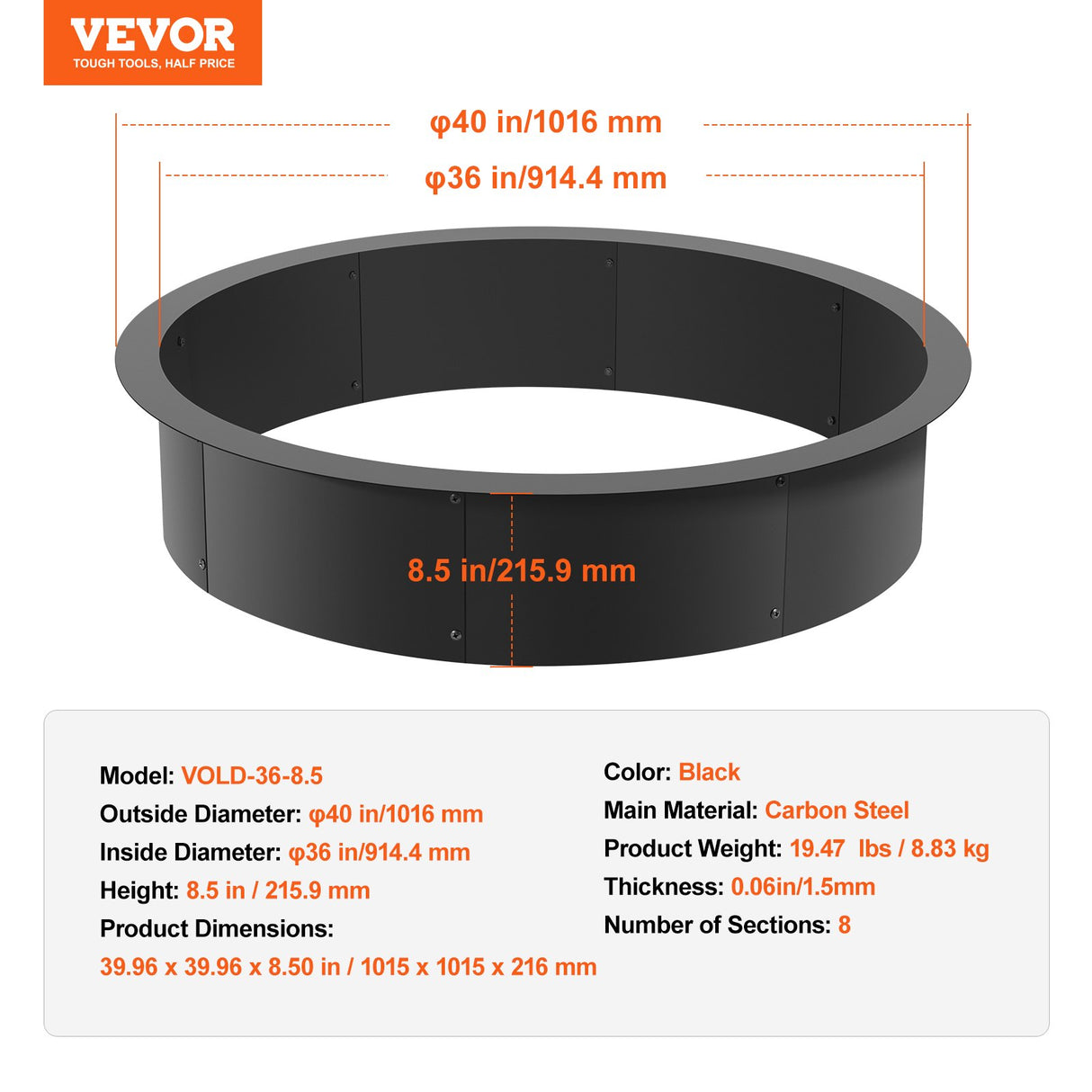 VEVOR Fire Pit Ring Round Inner Steel Liner DIY Campfire Firepit