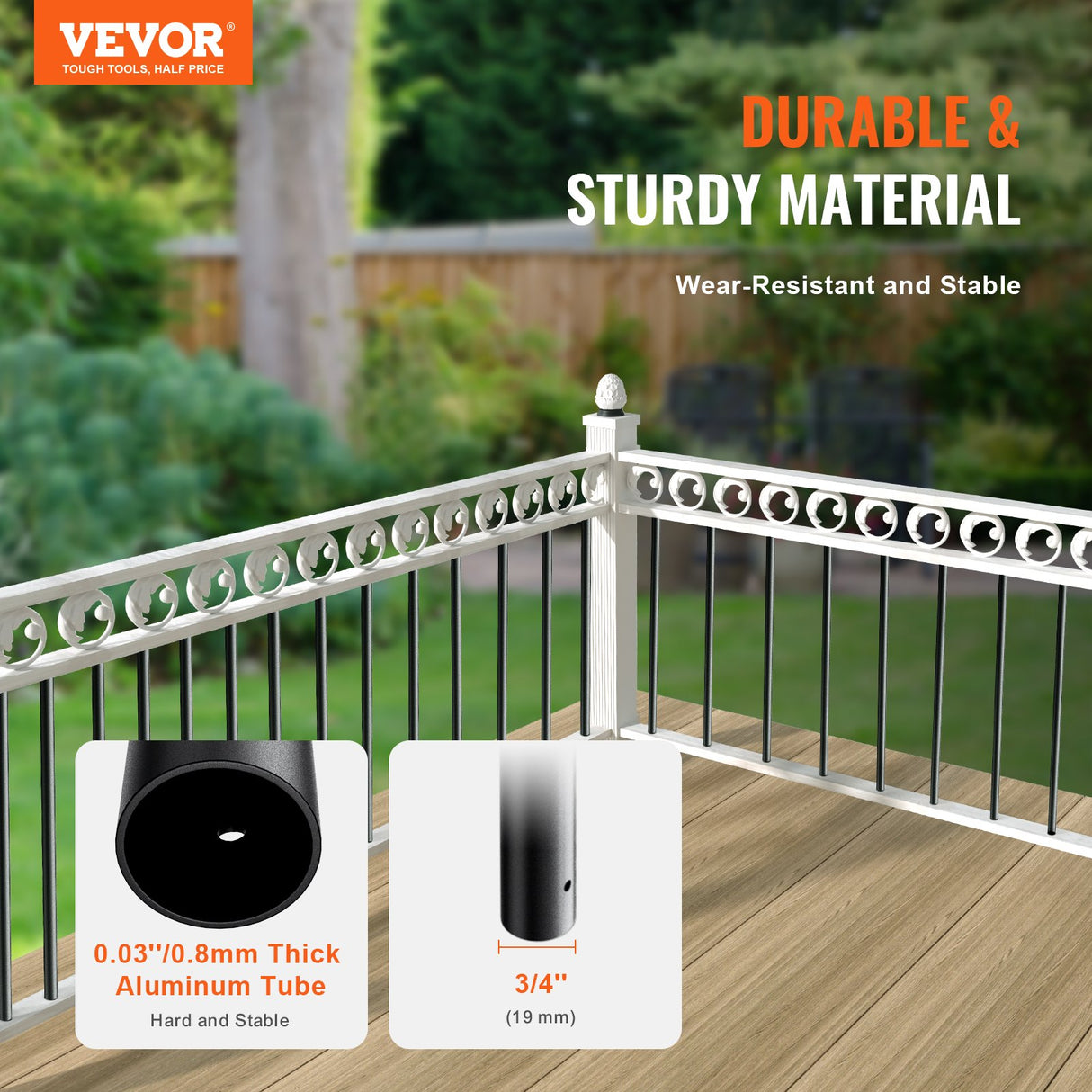 VEVOR Staircase Metal Balusters, 3/4'' Round x 32'' Long Aluminum Decorative Banister Spindles, 101 Pack Deck Baluster with Screws, Classic Hollow