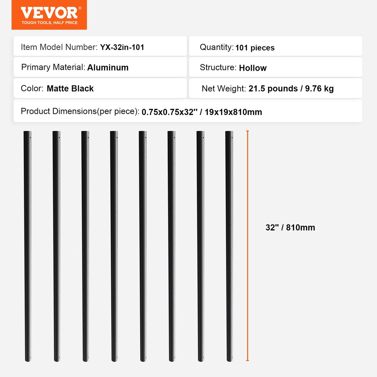 VEVOR Staircase Metal Balusters, 3/4'' Round x 32'' Long Aluminum Decorative Banister Spindles, 101 Pack Deck Baluster with Screws, Classic Hollow