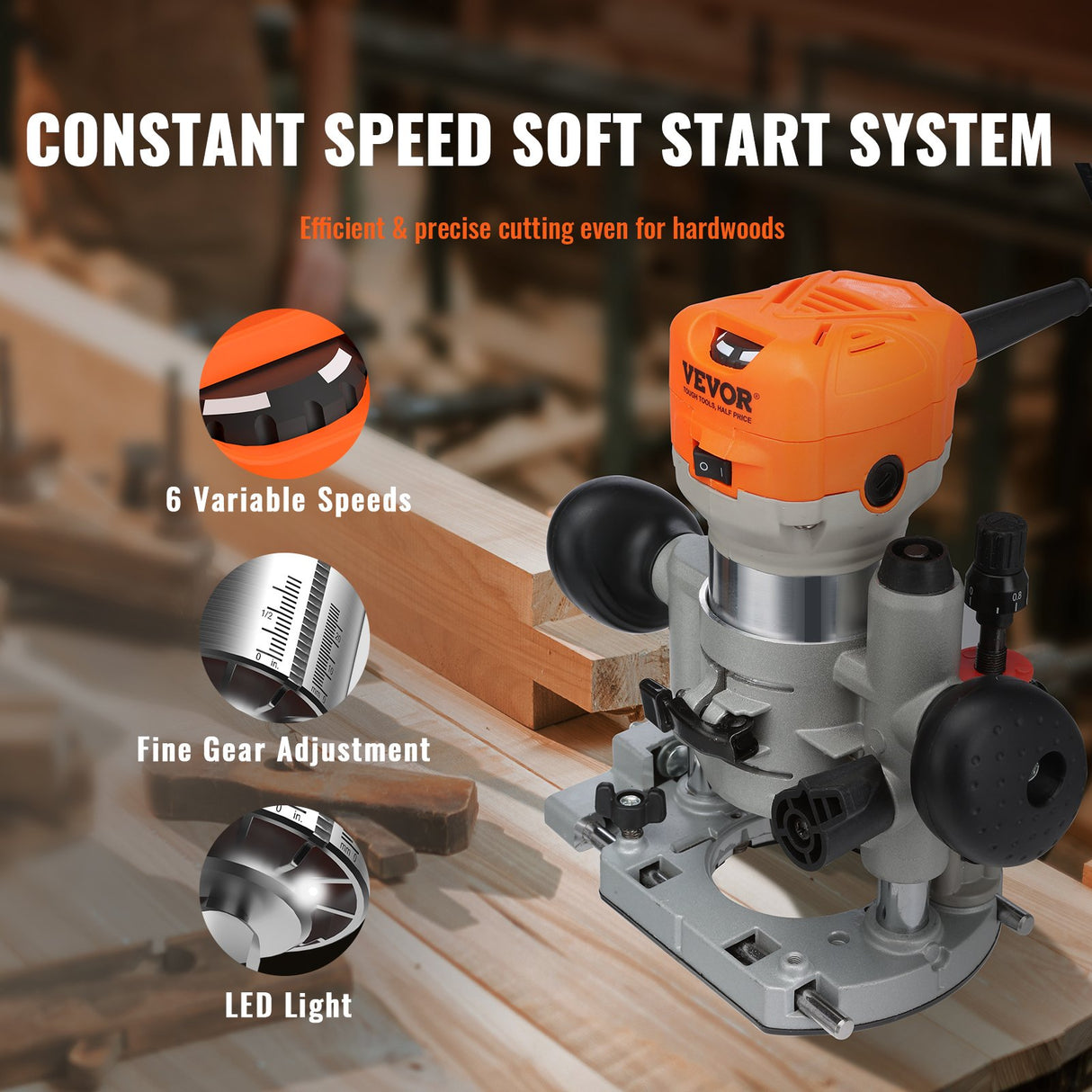 VEVOR Wood Router, 1.25HP 800W, Compact Wood Trimmer Router Combo Tool with Plunge and Fixed Base, 30000RPM 6 Variable Speeds, with 1/4'' & 5/16''