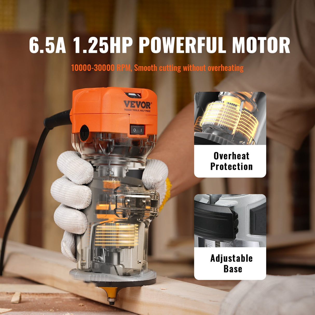 VEVOR Wood Router, 1.25HP 800W, Compact Wood Trimmer Router Tool, 30000RPM Max Speed 6 Variable Speeds, with 1/4'' & 5/16'' Collets 12 PCs Milling