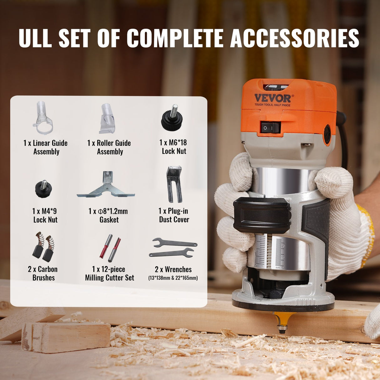 VEVOR Wood Router, 1.25HP 800W, Compact Wood Trimmer Router Tool, 30000RPM Max Speed 6 Variable Speeds, with 1/4'' & 5/16'' Collets 12 PCs Milling