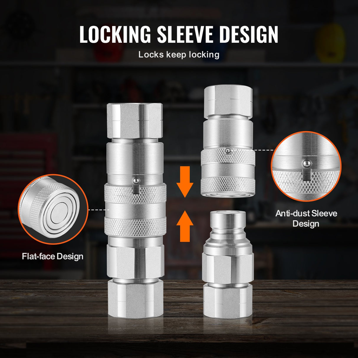 VEVOR 1/2" Flat Face Hydraulic Couplers 1/2" NPT Skid Steer Couplers 4 Dust Caps