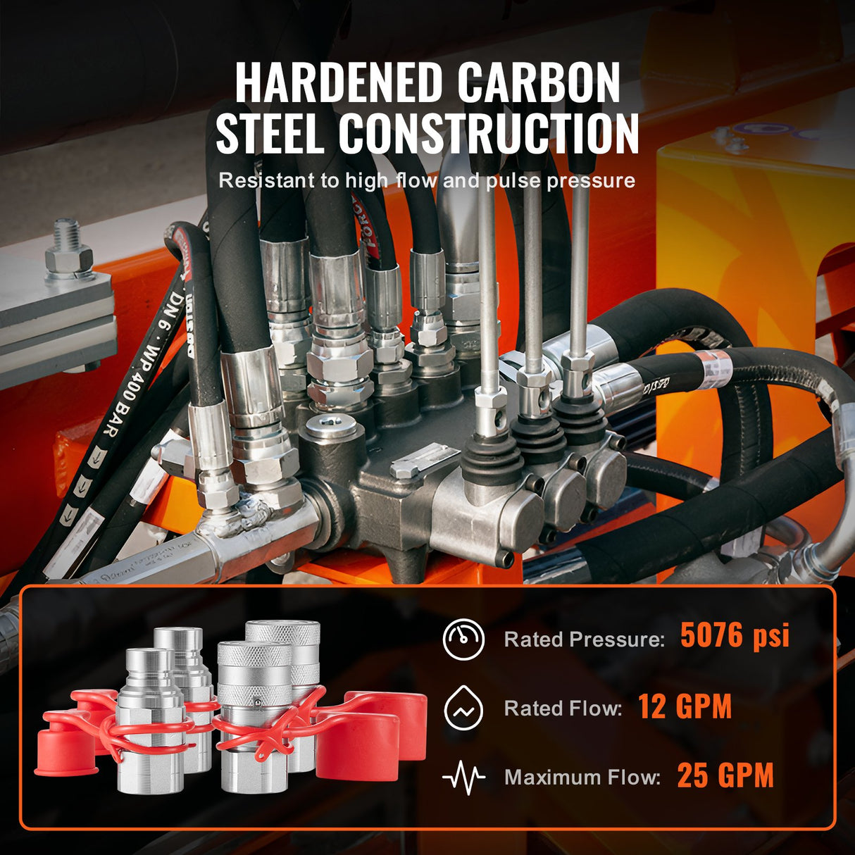 VEVOR 1/2" Flat Face Hydraulic Couplers 1/2" NPT Skid Steer Couplers 4 Dust Caps