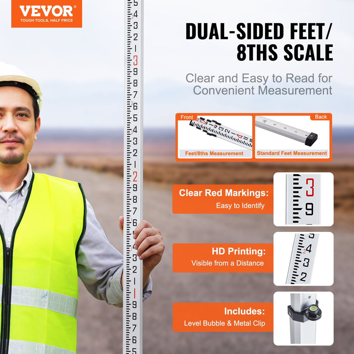 VEVOR Measuring Rod 16-Feet/8ths 4 Sections Telescopic Grade Rod 1/8in w/ Bag