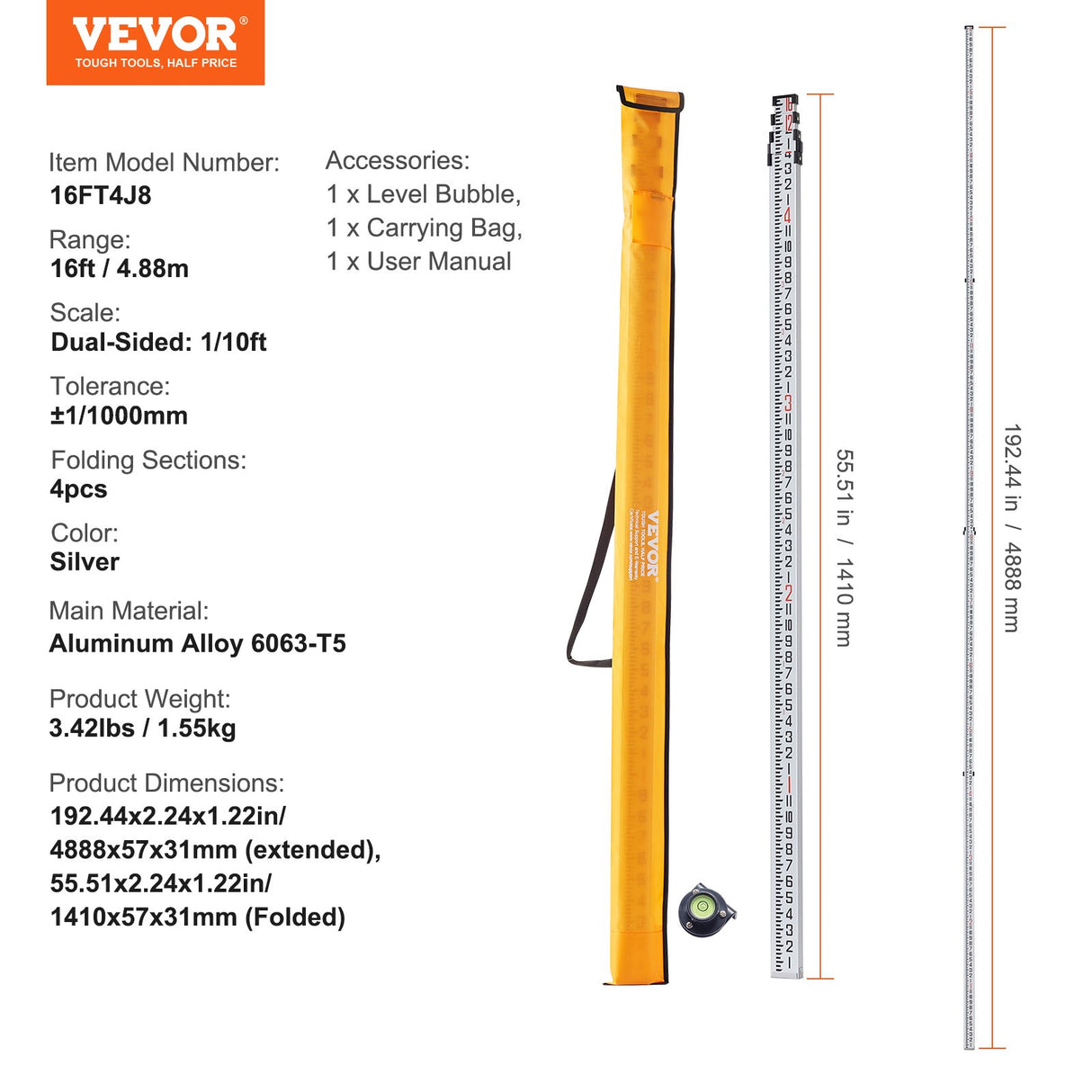 Measuring Rod 16-Feet/8ths 4 Sections Telescopic Grade Rod 1/8in w/ Bag