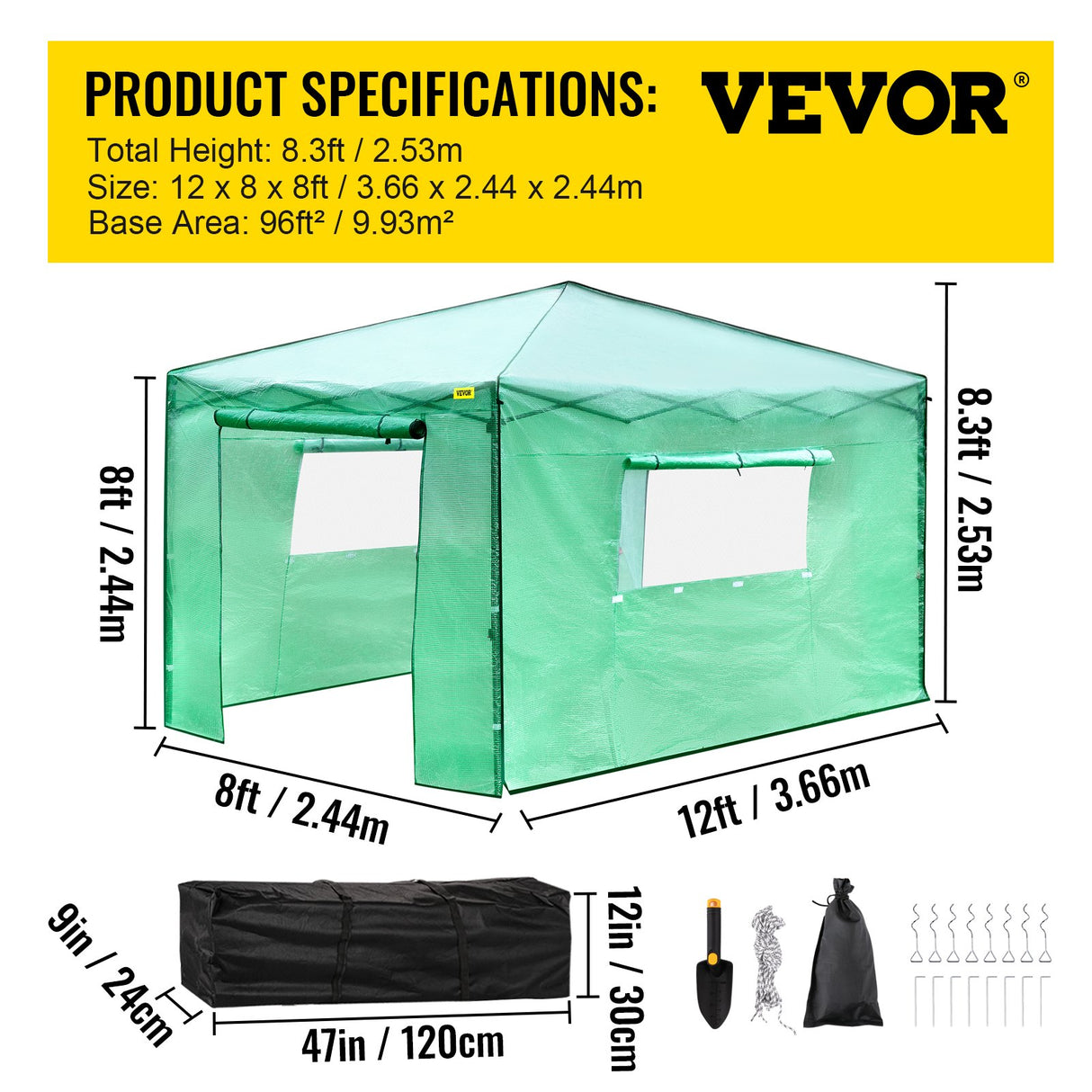 VEVOR 12'x 8'x 8' Pop-Up Greenhouse, Set Up in Minutes, Portable Greenhouse with Doors & Windows. High Strength PE Cover & Powder-Coated Steel