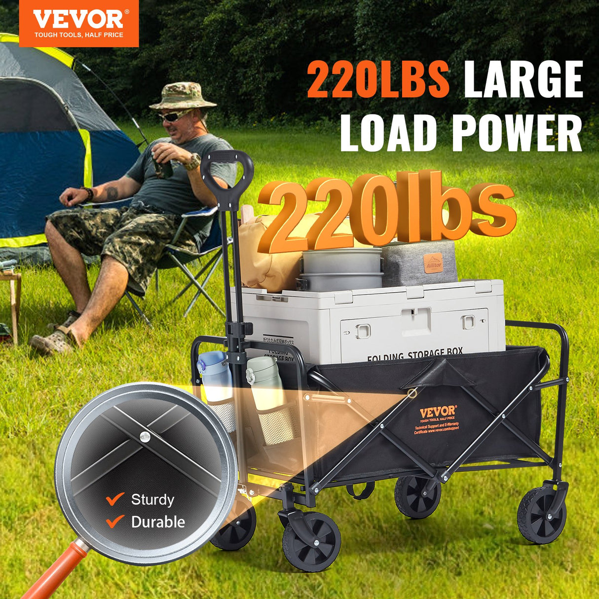 Collapsible Folding Wagon, 2 cu.ft Grass Wagon Cart with All-Terrain 5in Wheels, Heavy Duty Folding Wagon Cart 220 lbs Weight Capacity with Drink Holders, Sports Wagon for Camping, Shopping, Gar