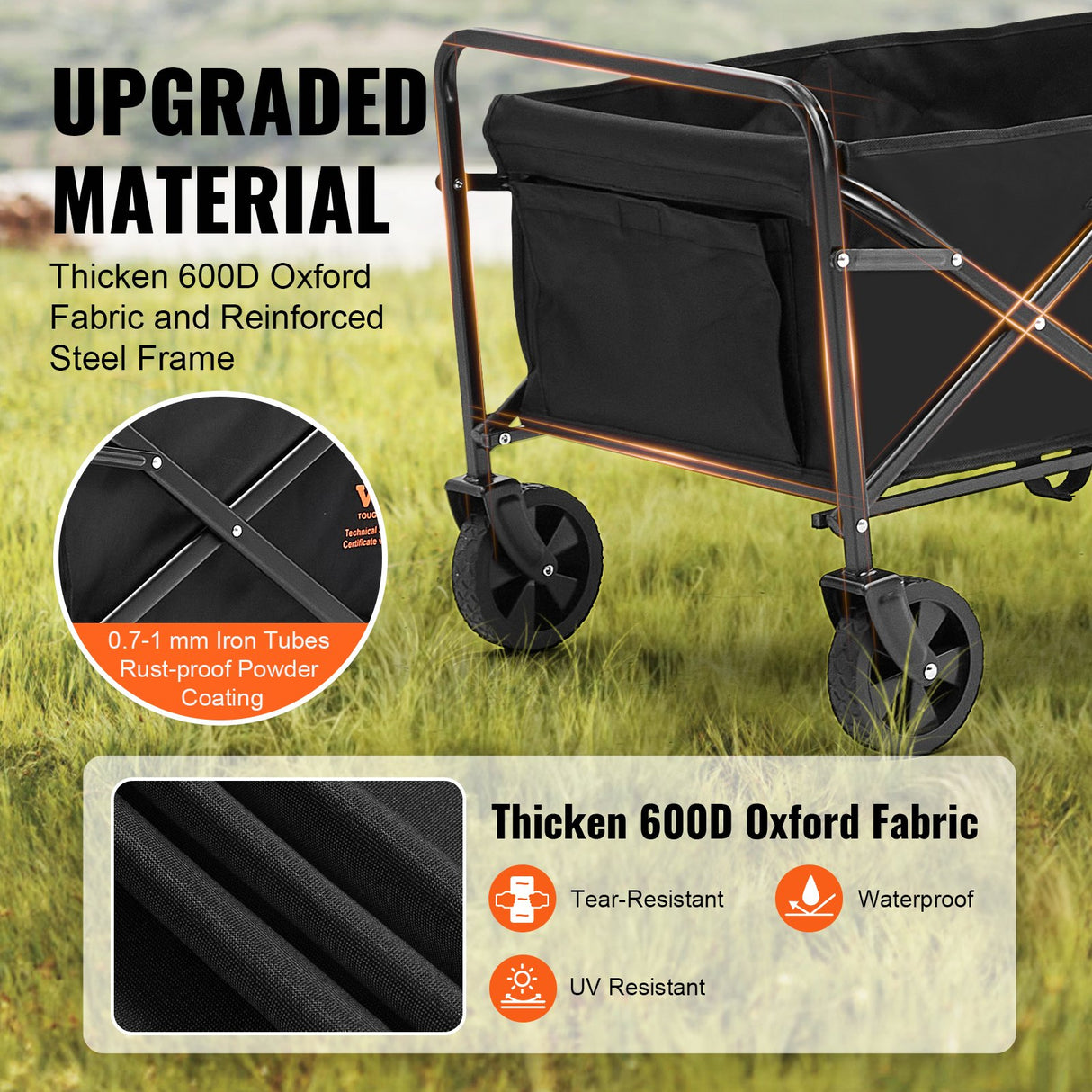 Collapsible Folding Wagon, 2 cu.ft Grass Wagon Cart with All-Terrain 5in Wheels, Heavy Duty Folding Wagon Cart 220 lbs Weight Capacity with Drink Holders, Sports Wagon for Camping, Shopping, Gar