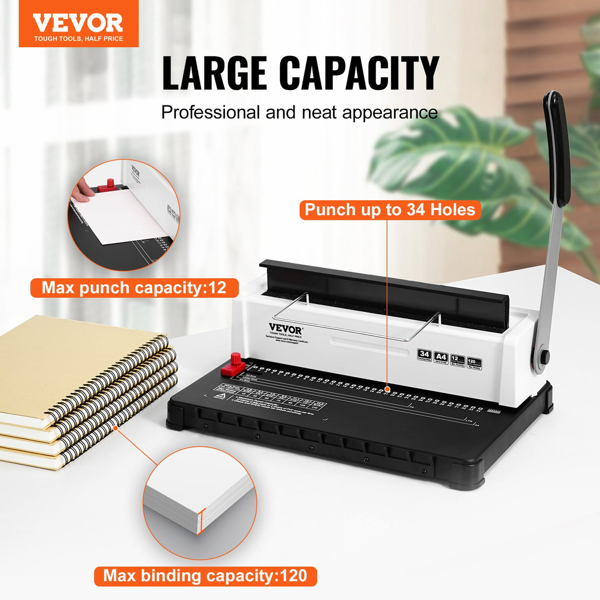 VEVOR Coil Spiral Binding Machine, Manual Book Maker 34-Holes Binding 120 Sheets, Punch Binder with Adjustable Side Margin, for Letter Size, A4, A5