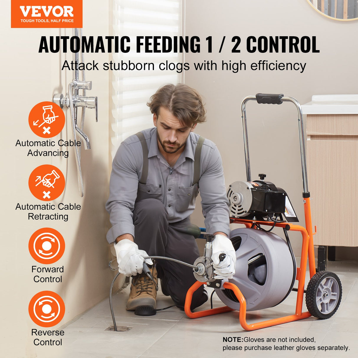 Drain Cleaner Machine 100FT x 3/8 Inch, Auto Feed Sewer Snake Drain Auger on Wheels, Portable Drain Cleaning Machine with 8 Cutters & Air-activated Foot Switch for 2" to 4" Pipes