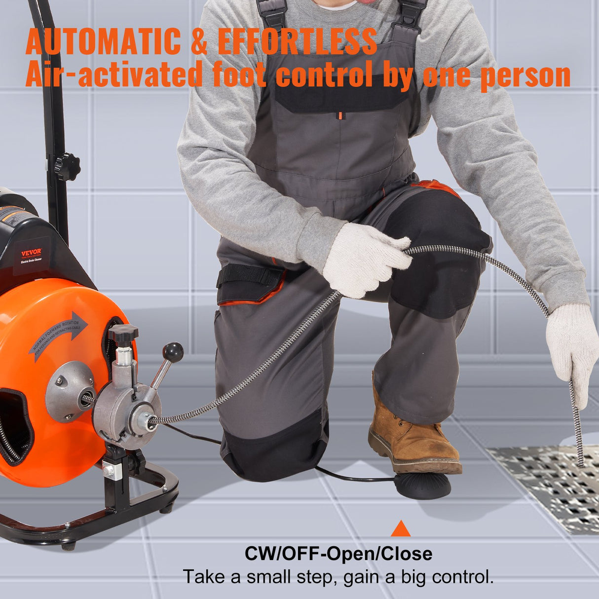 VEVOR Drain Cleaning Machine 50 FT x 1/2 Inch, Sewer Snake Machine Auto Feed, Drain Auger Cleaner with 4 Cutter & Air-Activated Foot Switch for 1" to