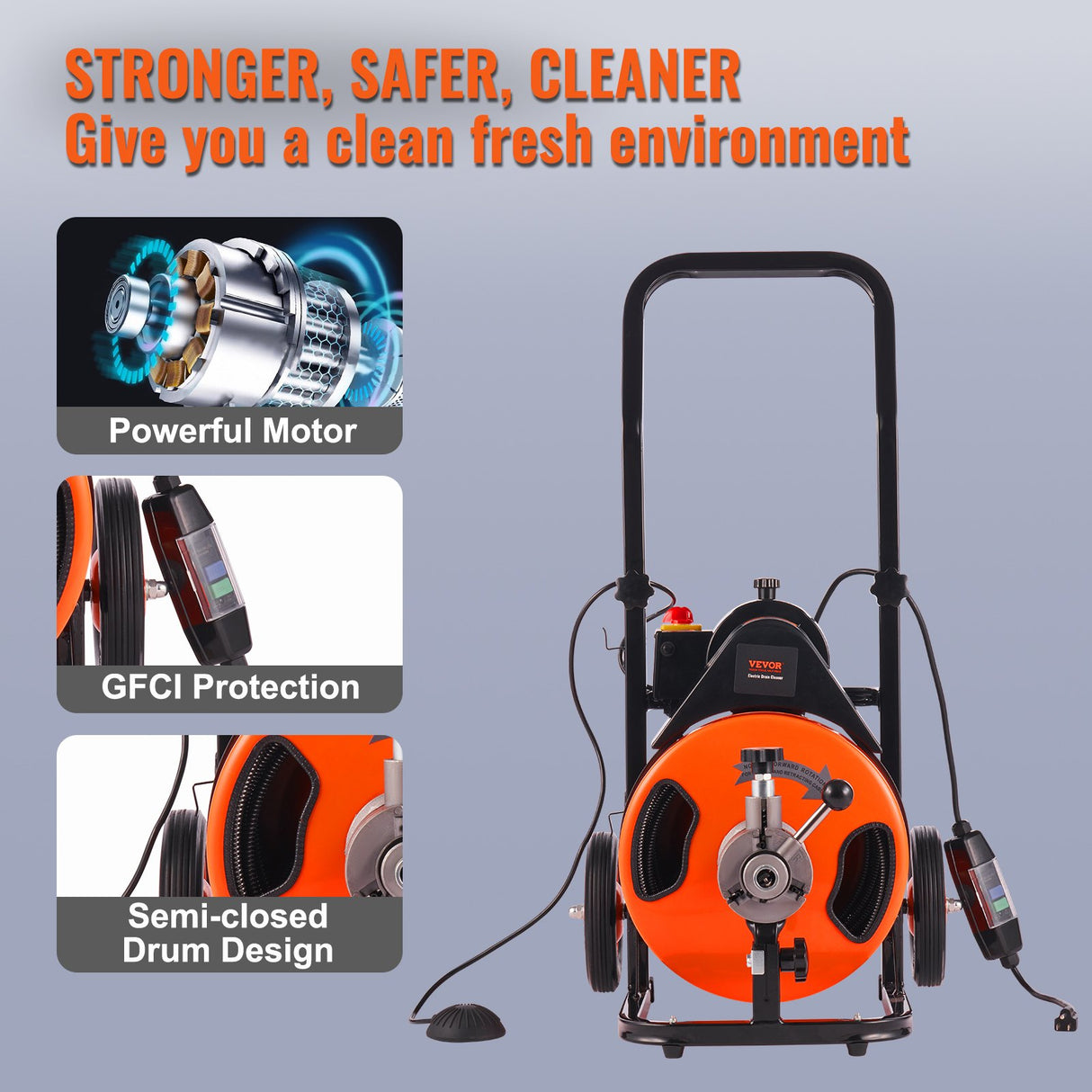 VEVOR Drain Cleaning Machine 50 FT x 1/2 Inch, Sewer Snake Machine Auto Feed, Drain Auger Cleaner with 4 Cutter & Air-Activated Foot Switch for 1" to