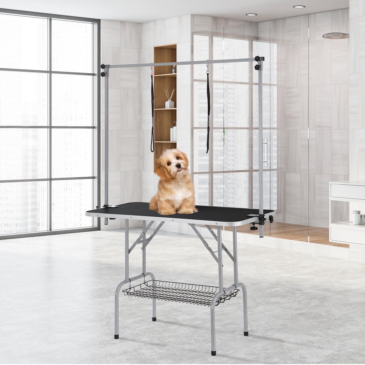 VEVOR Pet Grooming Table Two Arms with Clamp, 117cm Dog Grooming Station, Foldable Pets Grooming Stand for Medium and Small Dogs, Free Two No Sit Haunch Holder with Grooming Loop, Bearing 149.7kg