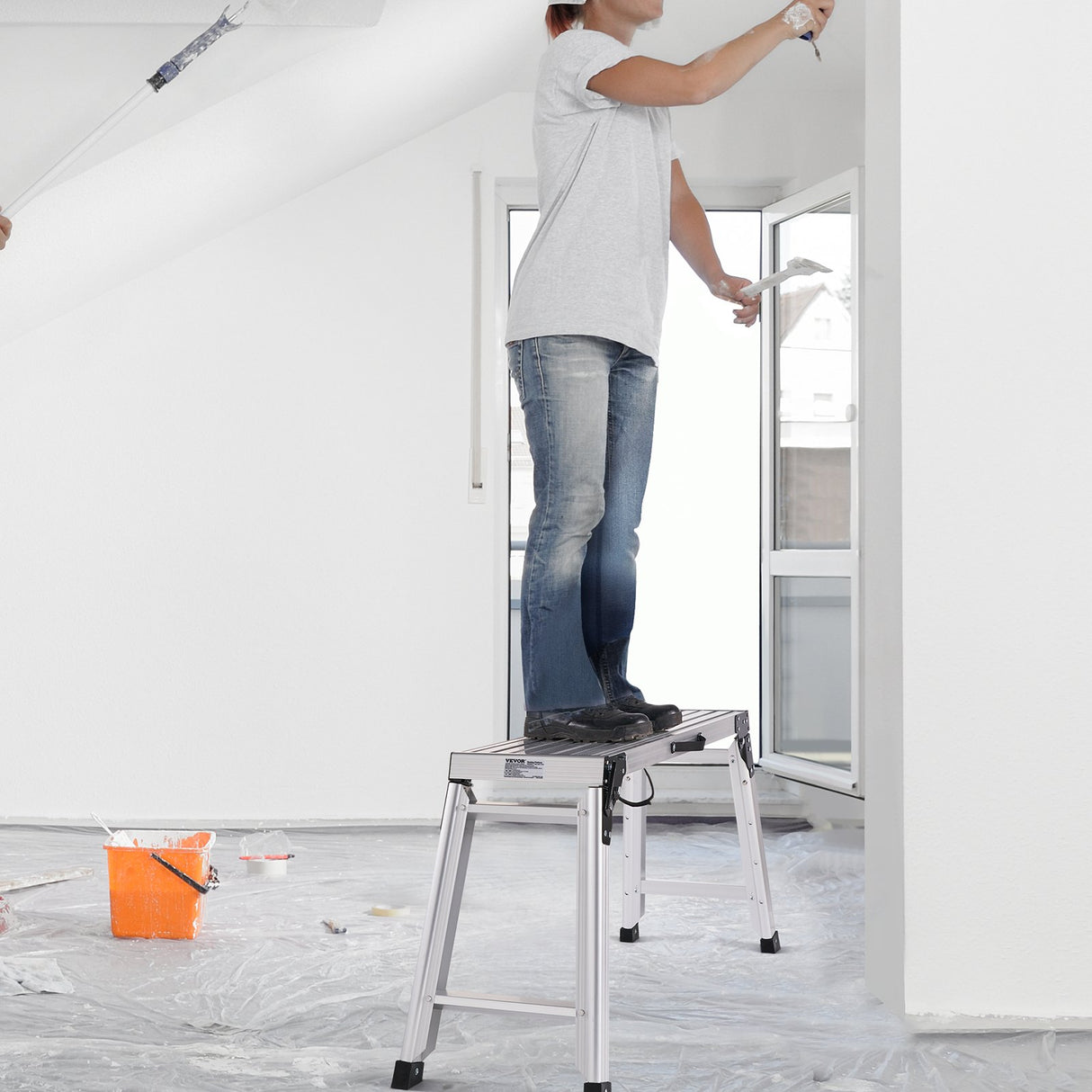 VEVOR Folding Work Platform, 330 lbs Load Capacity, Aluminum Drywall Stool Ladder, Heavy Duty Work Bench w/ Non-Slip Feet, Ideal for Washing Vehicles, Cleaning, Painting, Decorating,76 L x30 W x50.8 H cm