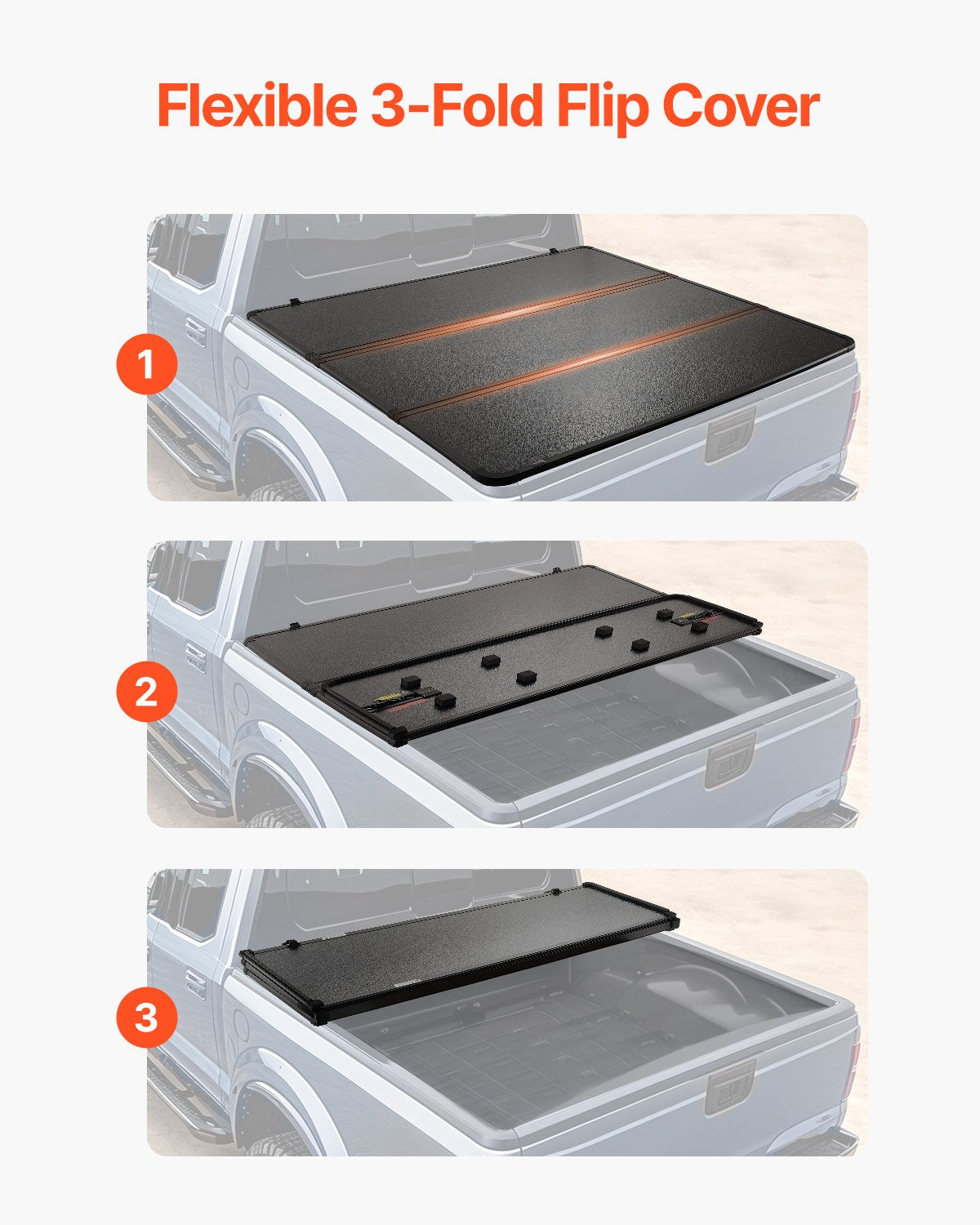 VEVOR Tri-Fold Truck Bed Tonneau Cover, Compatible with 2015-2024 Ford F-150, Lightning, Styleside 1661 mm Bed, Fit 1704 x 1656 mm/1661 x 1656 mm