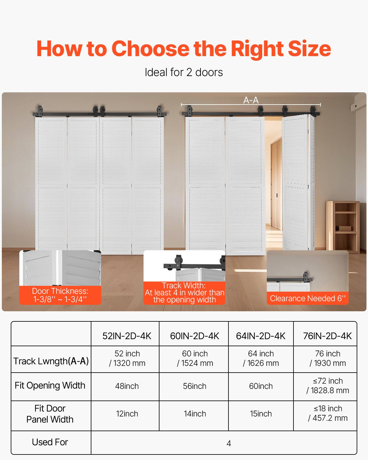 VEVOR Bi-Folding Sliding Barn Door Hardware Track Kit, 64" Top Mount Track Kit, Slide Smoothly & Quietly, Heavy Duty, Easy to Install, Suitable for Four 15" Closet Pantry Laundry Doors (Not Included)