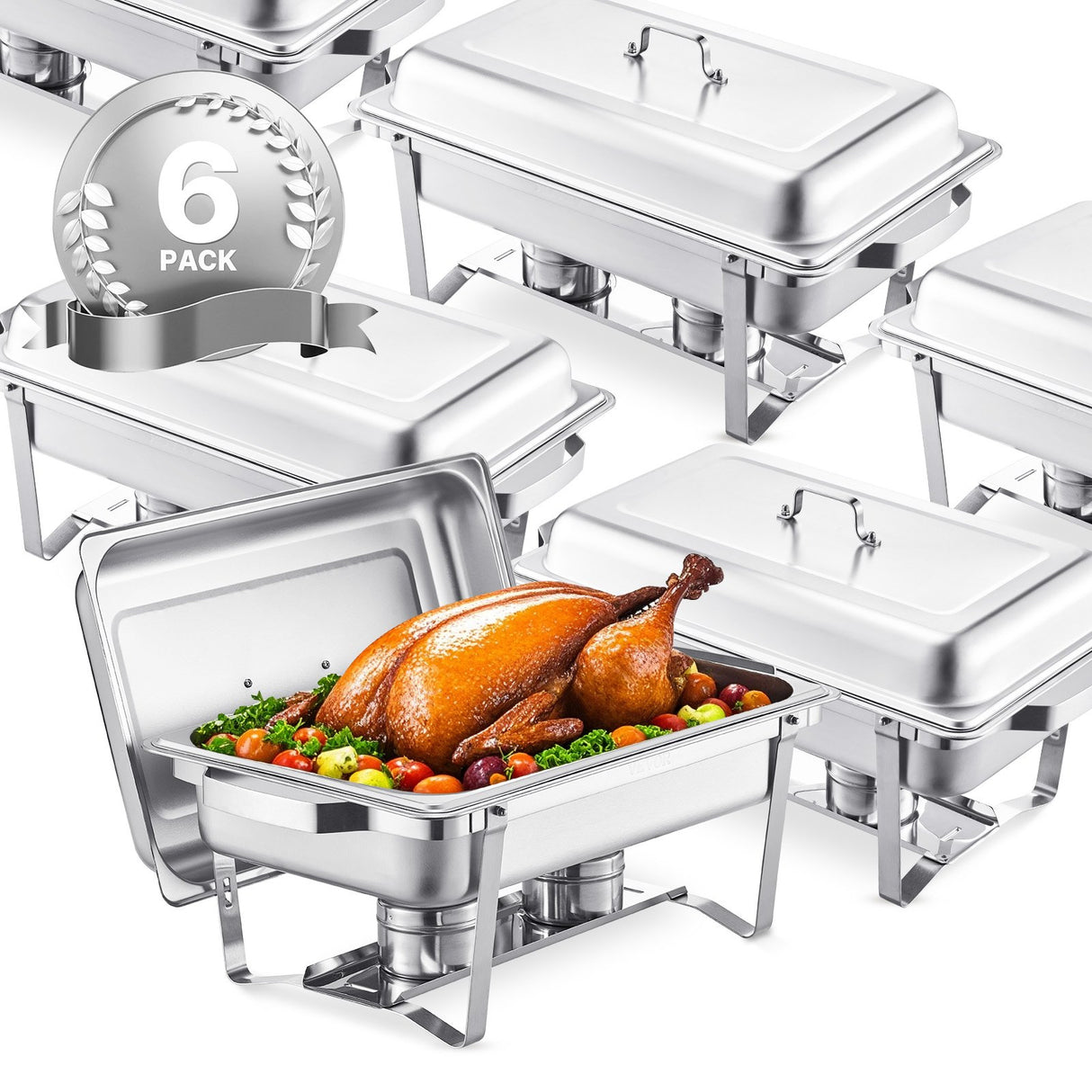 VEVOR 8 Qt 6 Pack Rectangle Chafing Dish Buffet Set Fullsize Pan Stainless Steel