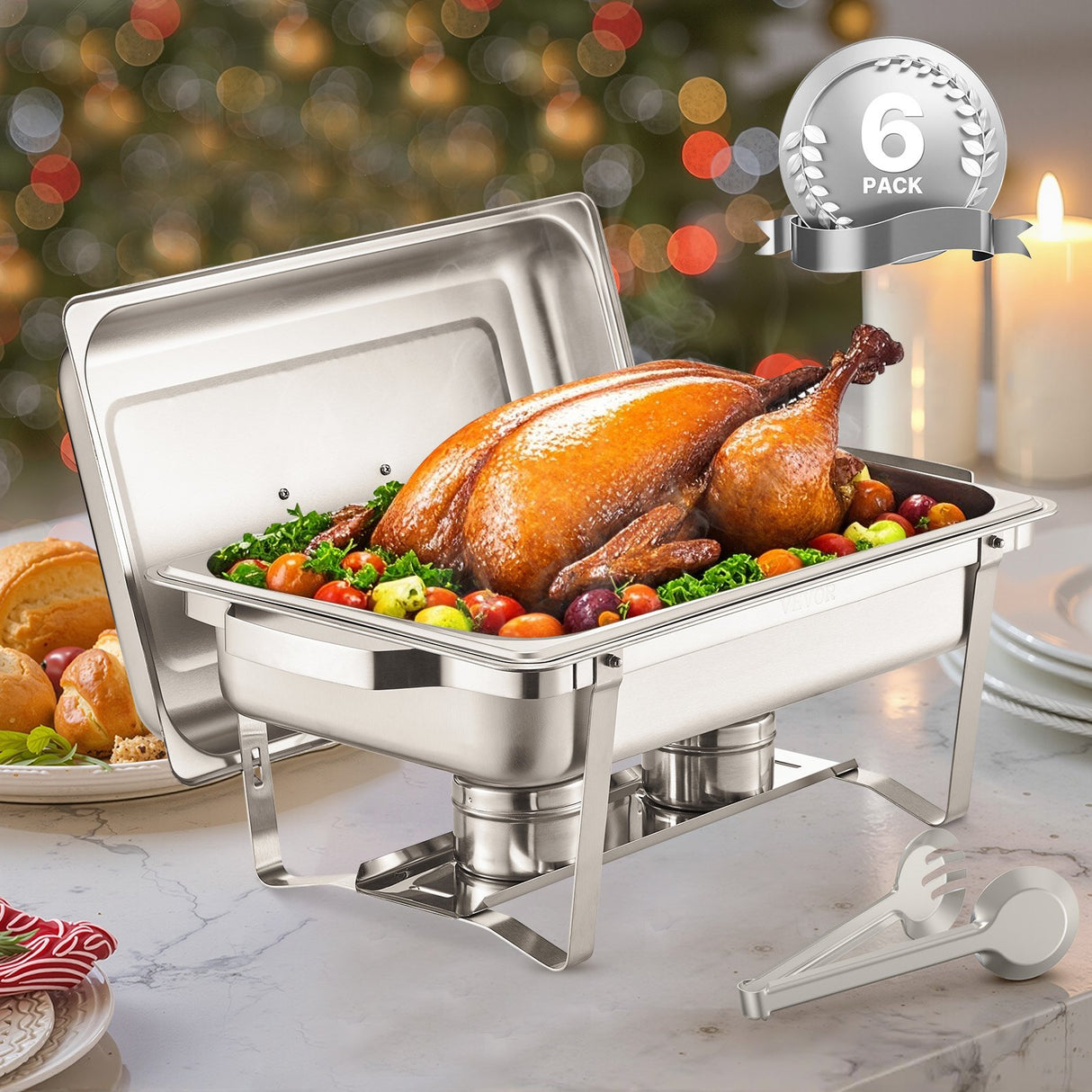 VEVOR 8 Qt 6 Pack Rectangle Chafing Dish Buffet Set Fullsize Pan Stainless Steel