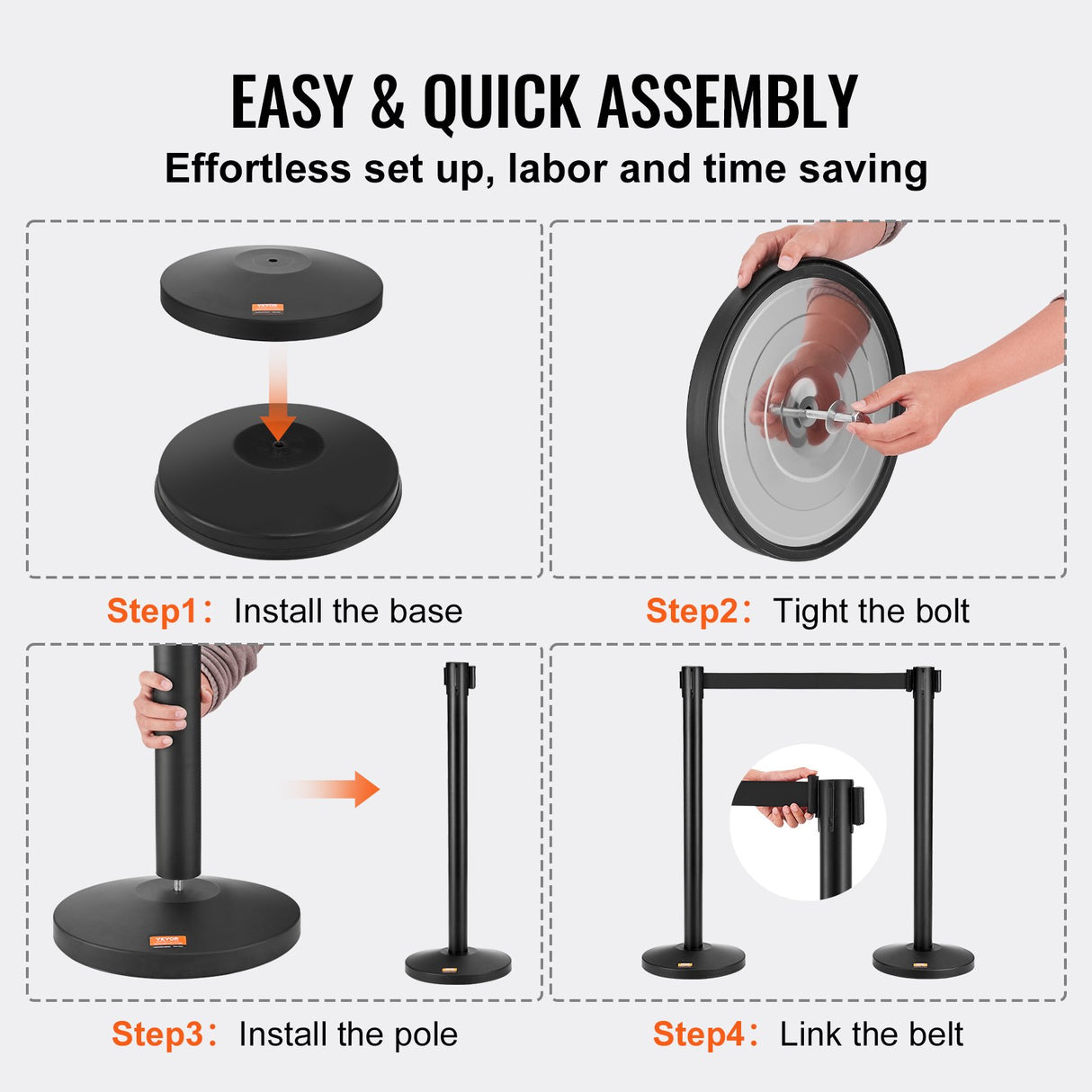 VEVOR Crowd Control Stanchions, 2-Pack Crowd Control Barriers, Carbon Steel Baking Painted Stanchion Queue Post with 11FT Black Retractable Belt, Belt