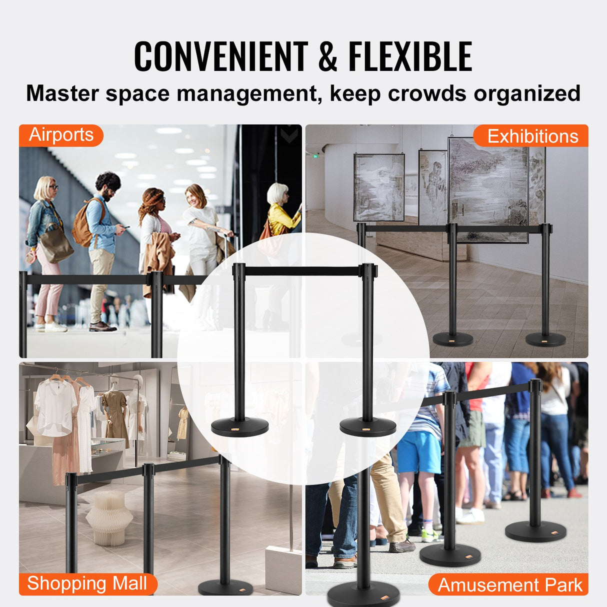 VEVOR Crowd Control Stanchions, 2-Pack Crowd Control Barriers, Carbon Steel Baking Painted Stanchion Queue Post with 11FT Black Retractable Belt, Belt