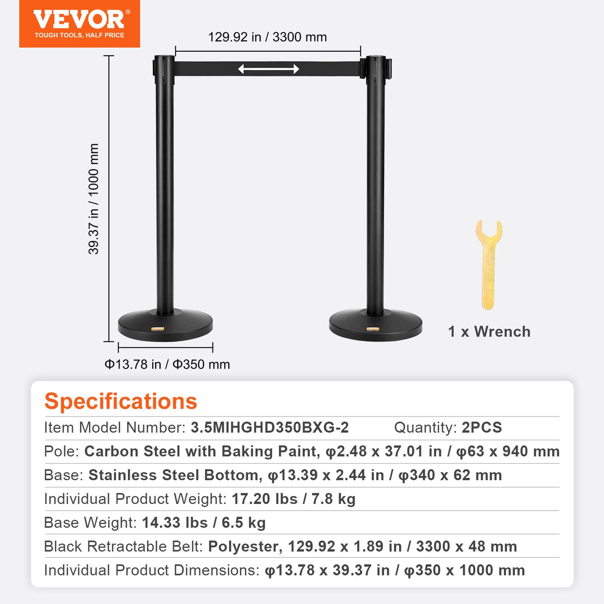 VEVOR Crowd Control Stanchions, 2-Pack Crowd Control Barriers, Carbon Steel Baking Painted Stanchion Queue Post with 11FT Black Retractable Belt, Belt