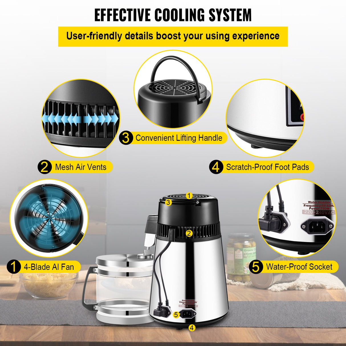 VEVOR 1.1 Gal Water Distiller, 0.3 Gal/H, 750W Distilled Water Maker Machine 0-99H Timing Set Temp Display, 304 Stainless Steel Countertop Distiller Glass Carafe Cleaning Powder 3 Carbon Packs, Silver