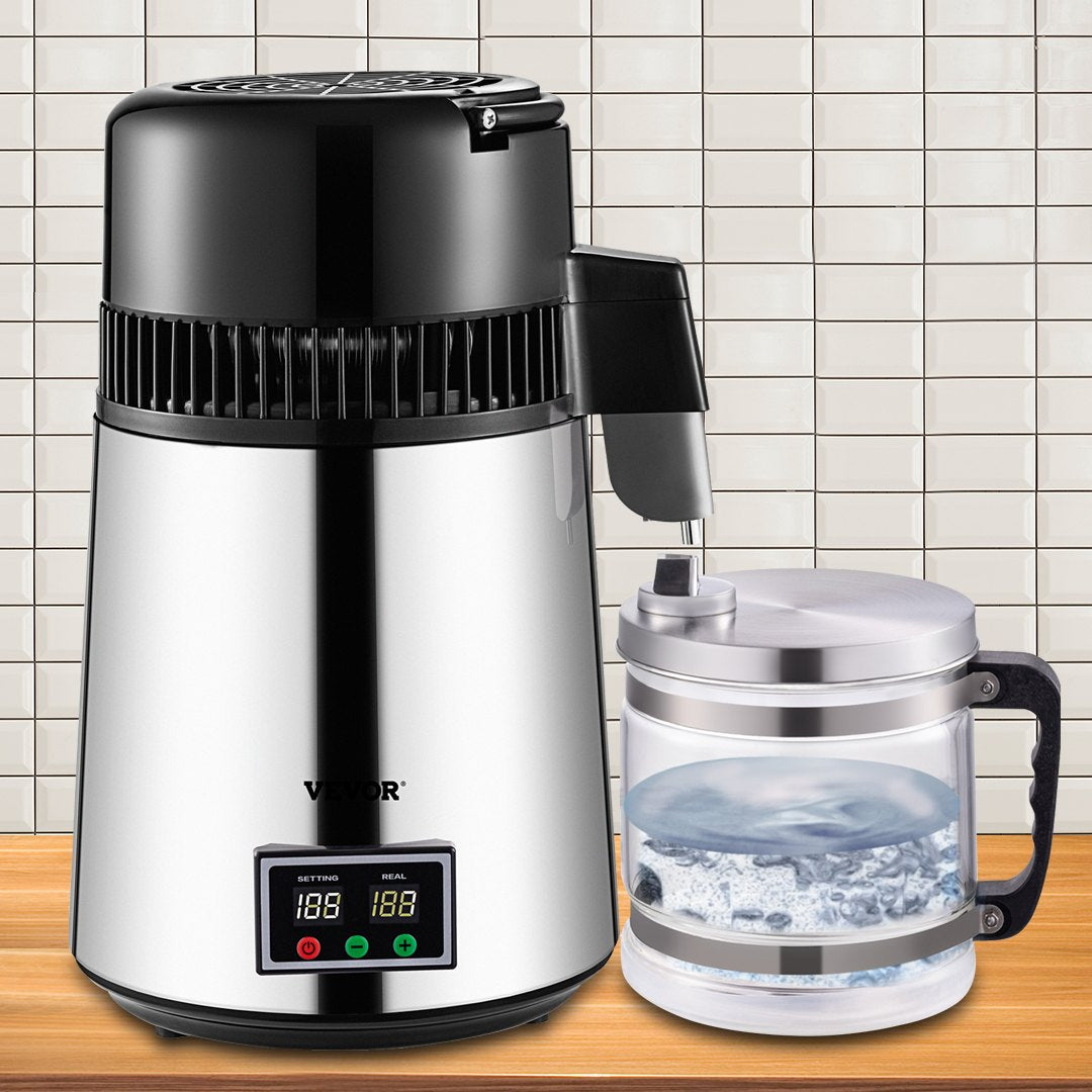 VEVOR 1.1 Gal Water Distiller, 0.3 Gal/H, 750W Distilled Water Maker Machine 0-99H Timing Set Temp Display, 304 Stainless Steel Countertop Distiller Glass Carafe Cleaning Powder 3 Carbon Packs, Silver