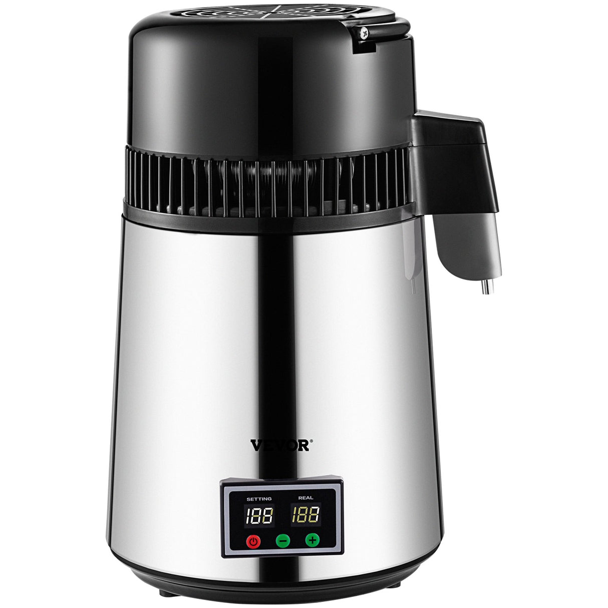 VEVOR 1.1 Gal Water Distiller, 0.3 Gal/H, 750W Distilled Water Maker Machine 0-99H Timing Set Temp Display, 304 Stainless Steel Countertop Distiller Glass Carafe Cleaning Powder 3 Carbon Packs, Silver