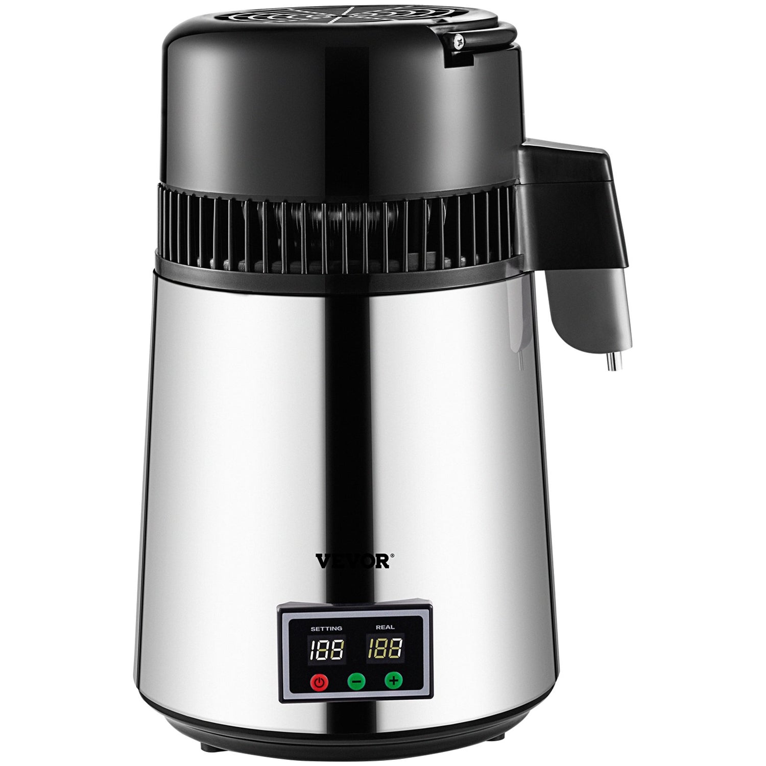 VEVOR 1.1 Gal Water Distiller, 0.3 Gal/H, 750W Distilled Water Maker Machine 0-99H Timing Set Temp Display, 304 Stainless Steel Countertop Distiller Glass Carafe Cleaning Powder 3 Carbon Packs, Silver