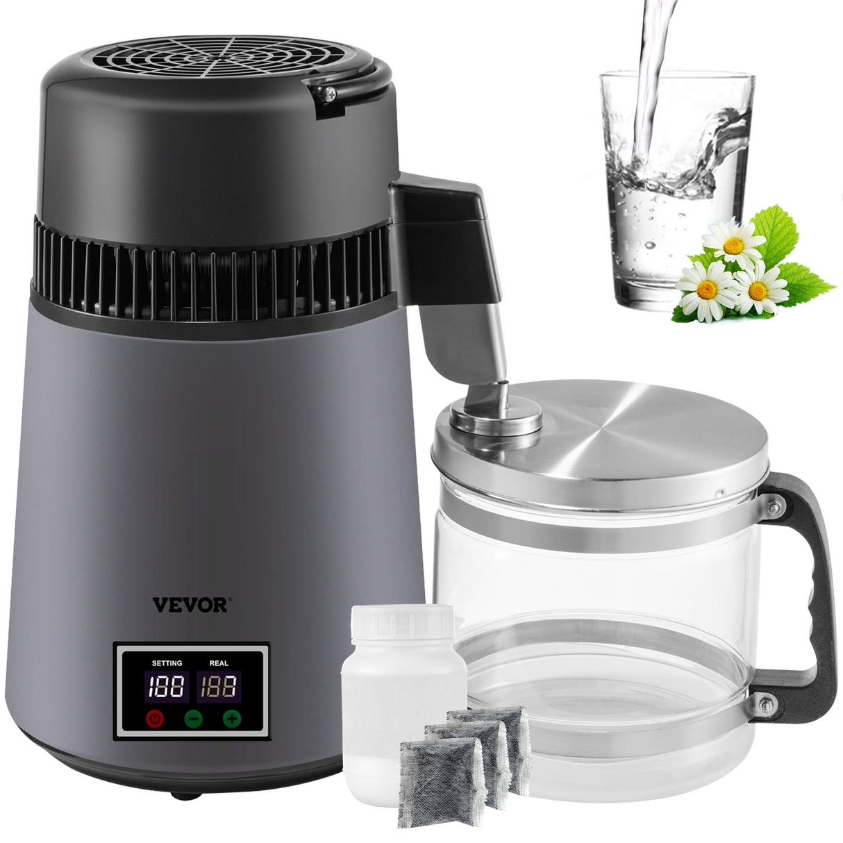 VEVOR Home Water Distiller Distilled Water Maker 4 L with Dual Temp Display Grey