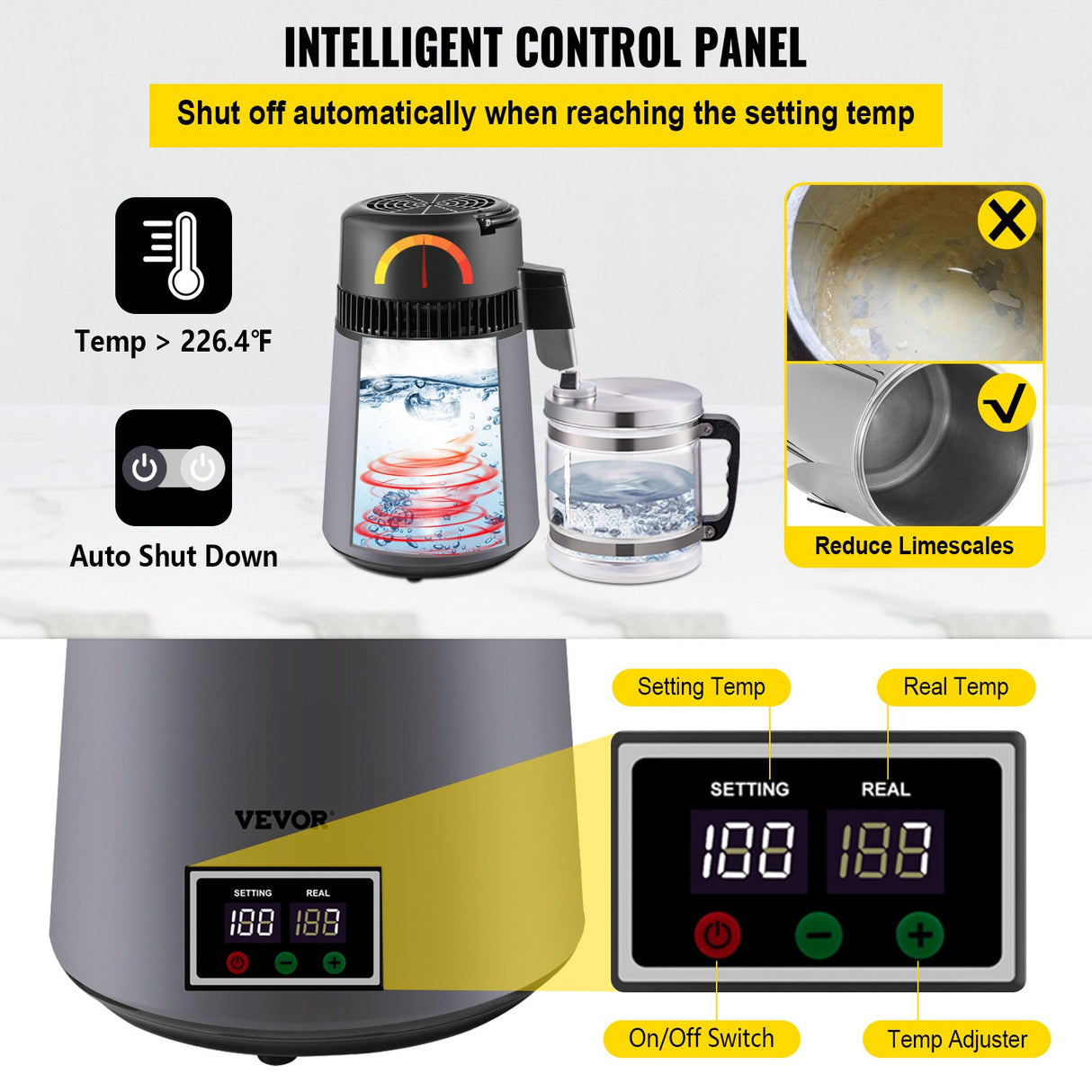 VEVOR Home Water Distiller Distilled Water Maker 4 L with Dual Temp Display Grey