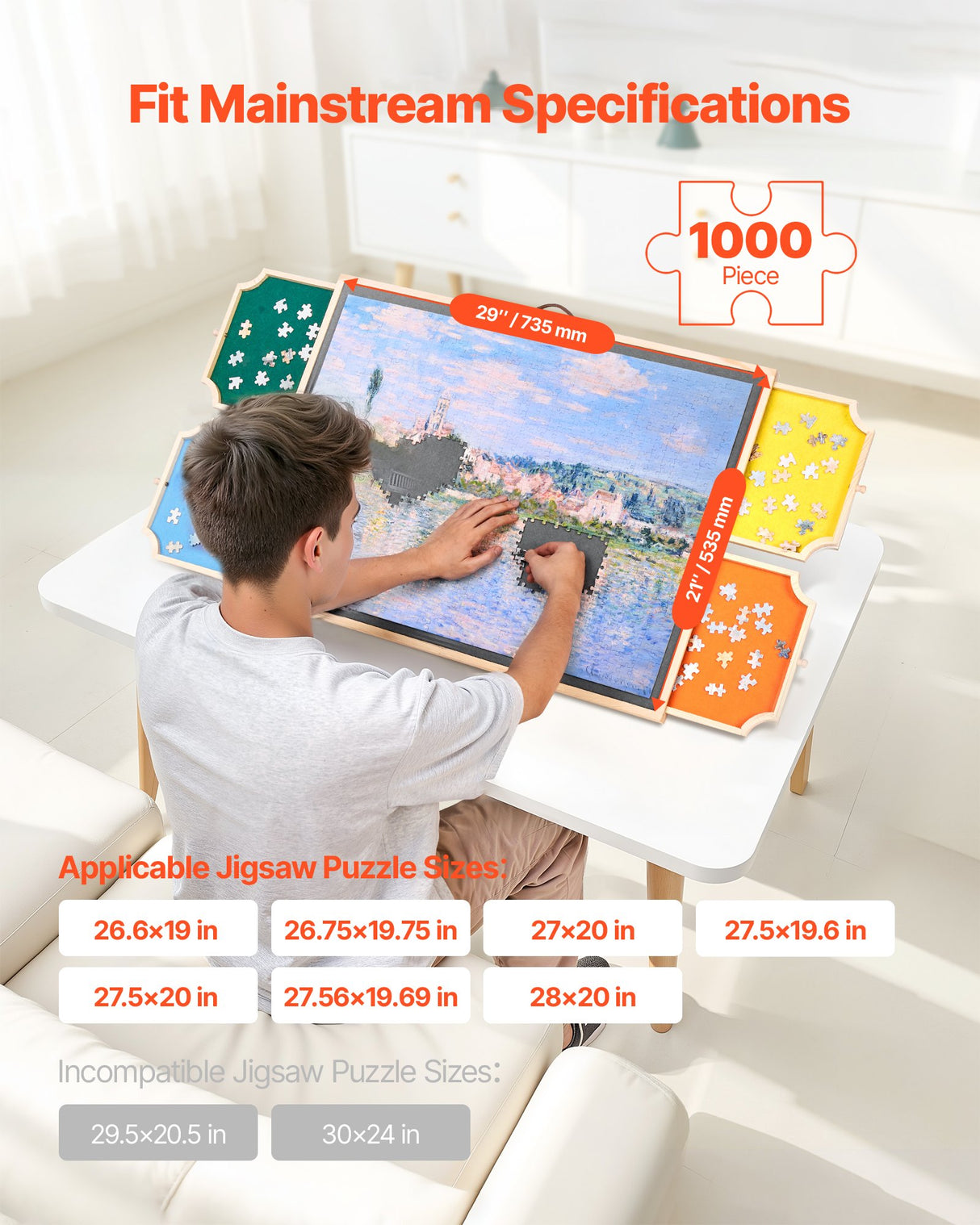 VEVOR 1000 Piece Puzzle Board with Drawer Cover Portable Wooden Jigsaw 73x53cm