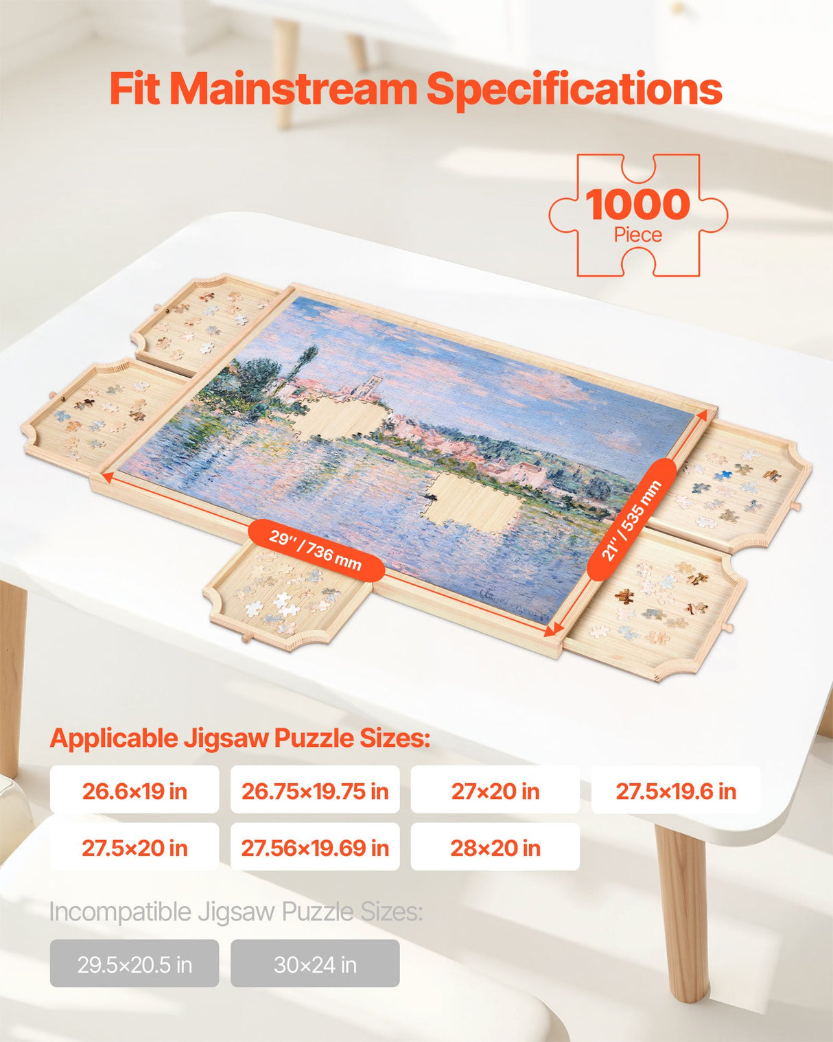 VEVOR 1000 Piece Puzzle Board with Drawer Cover Portable Wooden Jigsaw 74x53cm