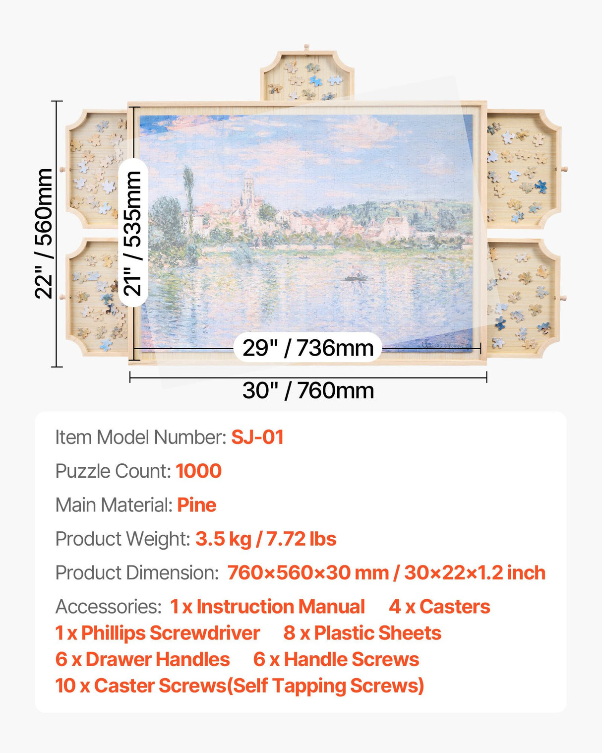 VEVOR 1000 Piece Puzzle Board with Drawer Cover Portable Wooden Jigsaw 74x53cm