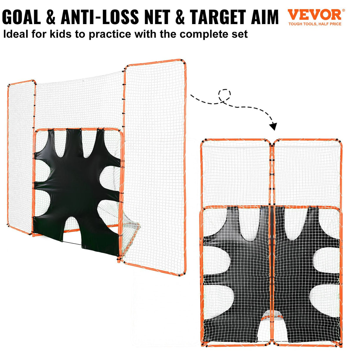 VEVOR 3-IN-1 Lacrosse Goal with Backstop and Target,3.7mx2.7m Lacrosse Net, Steel Frame Backyard Lacrosse Rebounder Equipment, Quick & Easy Setup Training Net, Perfect for Youth Adult Training, Orange
