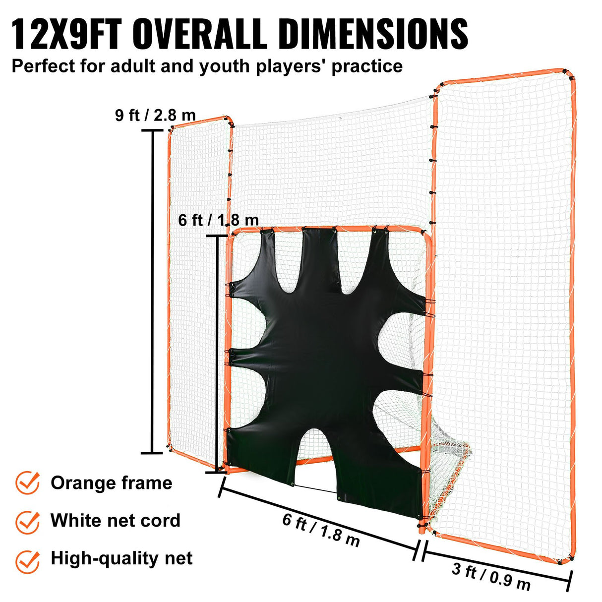 VEVOR 3-IN-1 Lacrosse Goal with Backstop and Target,3.7mx2.7m Lacrosse Net, Steel Frame Backyard Lacrosse Rebounder Equipment, Quick & Easy Setup