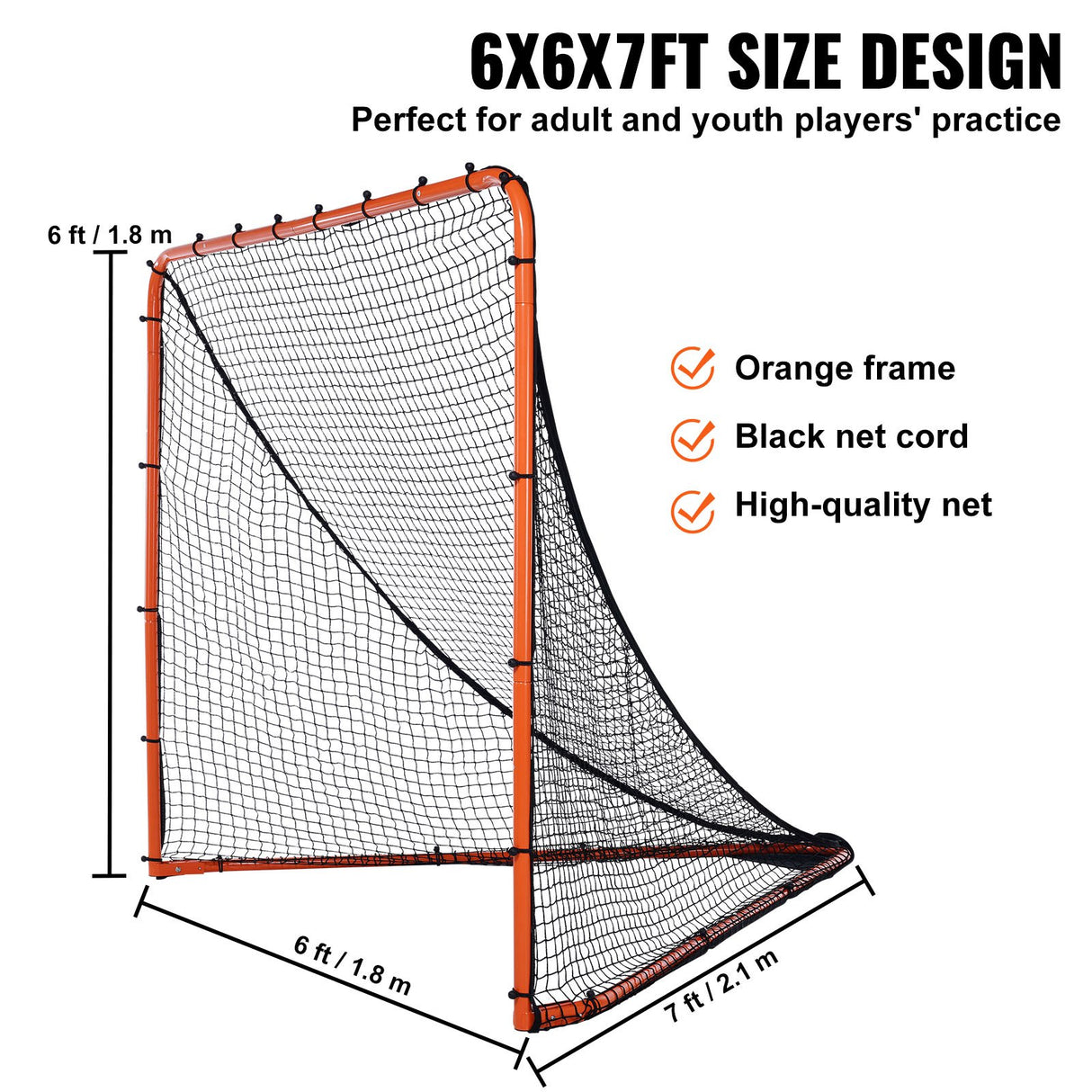 VEVOR Lacrosse Goal, 1.8mx1.8m Lacrosse Net, Folding Portable Backyard Lacrosse Training Equipment, Steel Frame Training Net, Quick & Easy Setup Lacrosse Goal, Perfect for Youth Adult Training, Orange