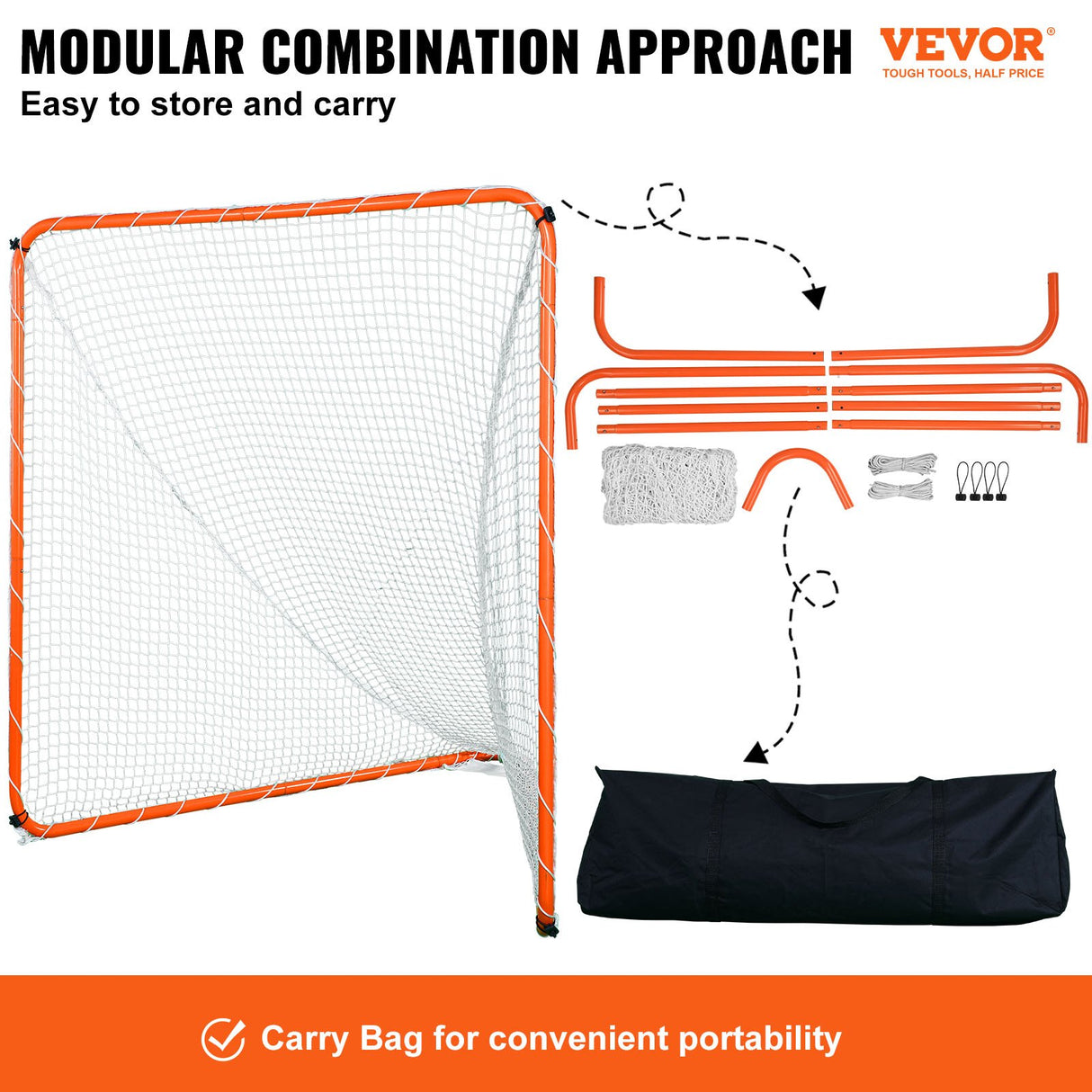 VEVOR Lacrosse Goal, 6' x 6' Lacrosse Net, Steel Frame Backyard Lacrosse Training Equipment, Portable Lacrosse Goal with Carry Bag, Quick & Easy Setup, Perfect for Youth Adult Training, Orange