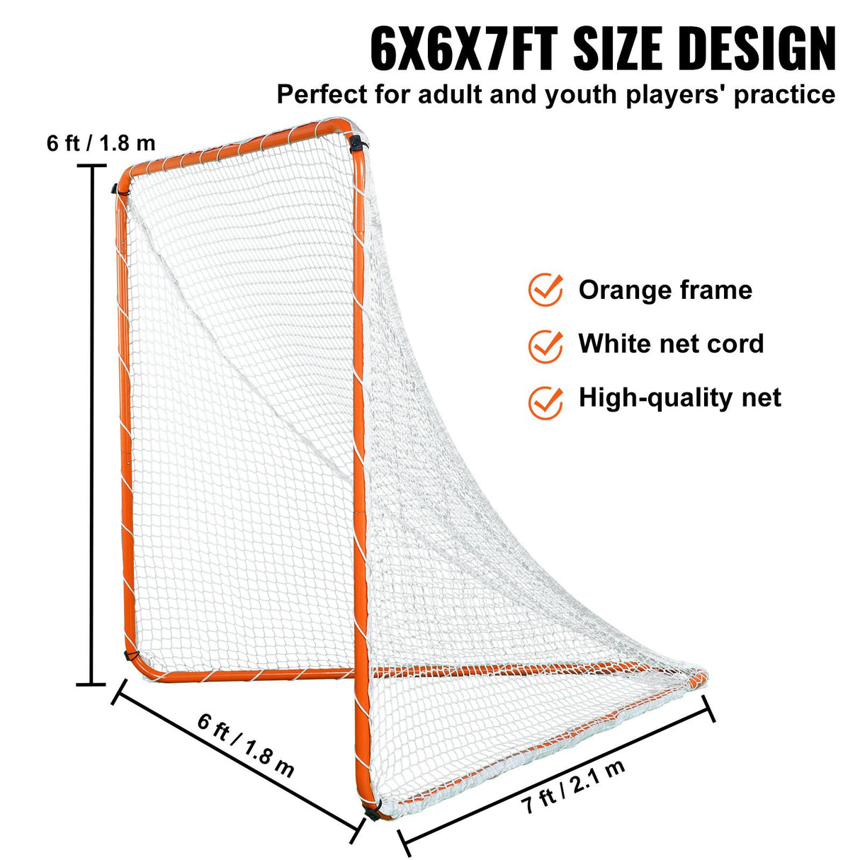 VEVOR Lacrosse Goal, 6' x 6' Lacrosse Net, Steel Frame Backyard Lacrosse Training Equipment, Portable Lacrosse Goal with Carry Bag, Quick & Easy Setup, Perfect for Youth Adult Training, Orange