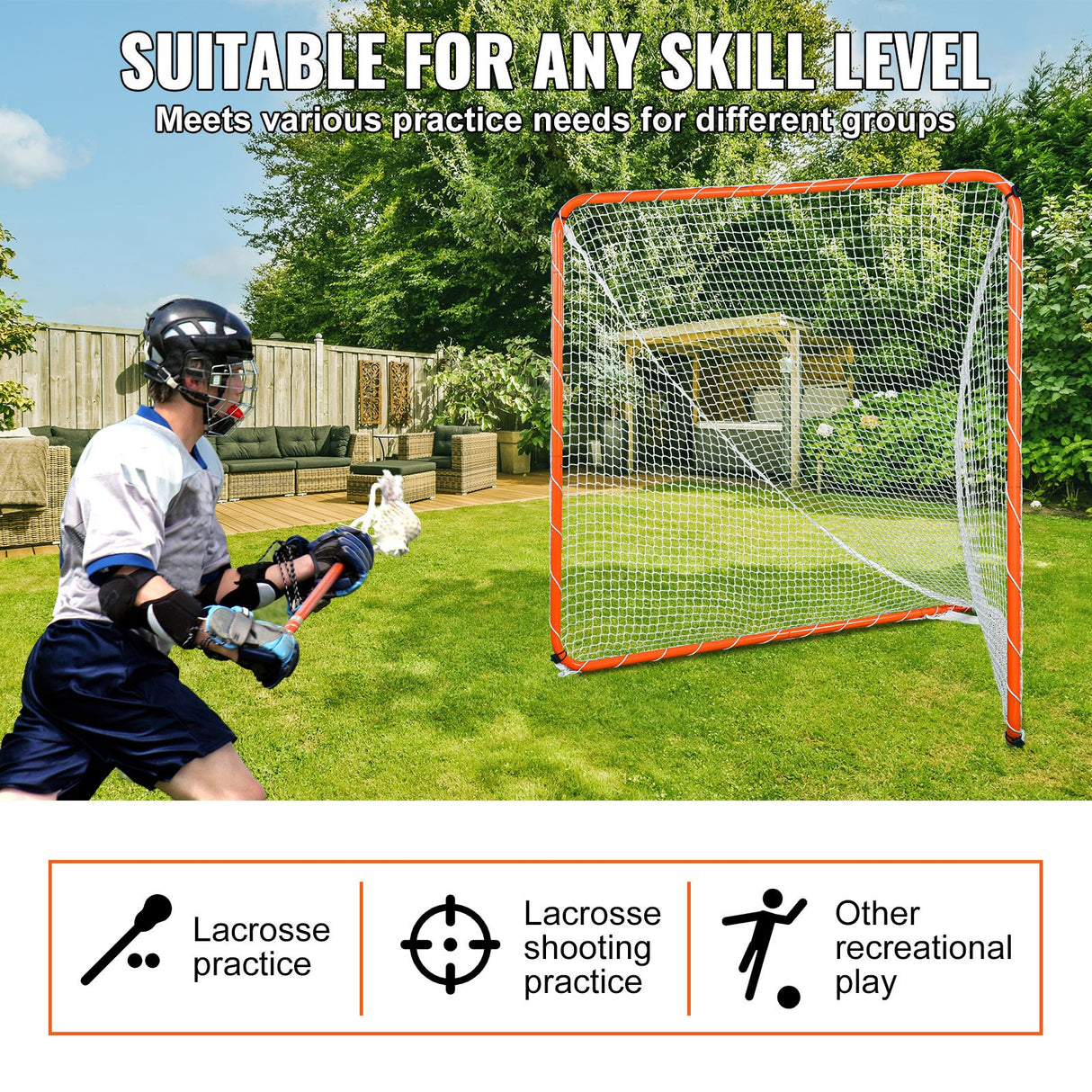 VEVOR Lacrosse Goal, 6' x 6' Lacrosse Net, Steel Frame Backyard Lacrosse Training Equipment, Portable Lacrosse Goal with Carry Bag, Quick & Easy Setup, Perfect for Youth Adult Training, Orange