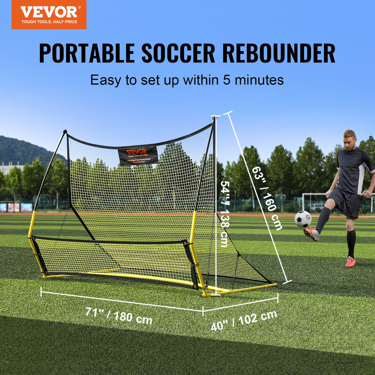 VEVOR Soccer Trainer, 2-IN-1 Portable Soccer Rebounder Net, Iron Soccer Practice Equipment, Sports Football Rebounder Wall with Portable Bag, Perfect for Team Solo Training, Passing, Volley